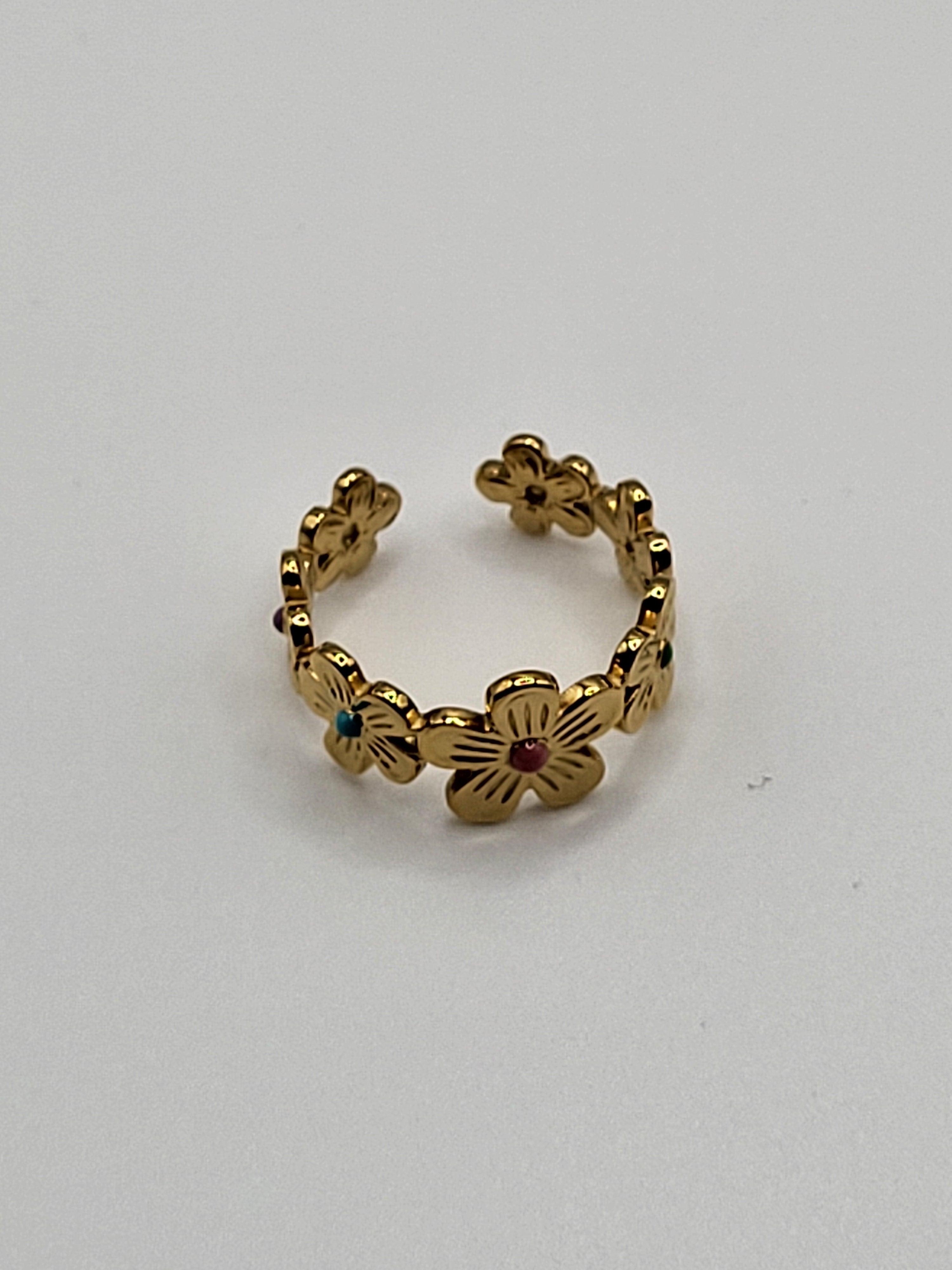 Bague acier inoxydable ajustable tour fleur dorée