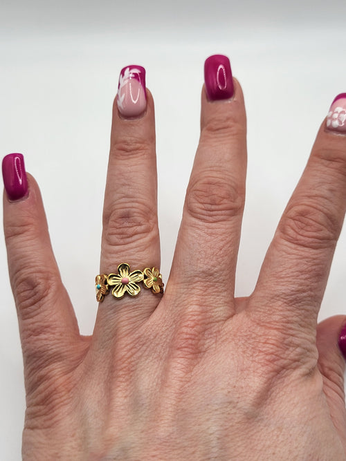 Bague acier inoxydable ajustable tour fleur dorée