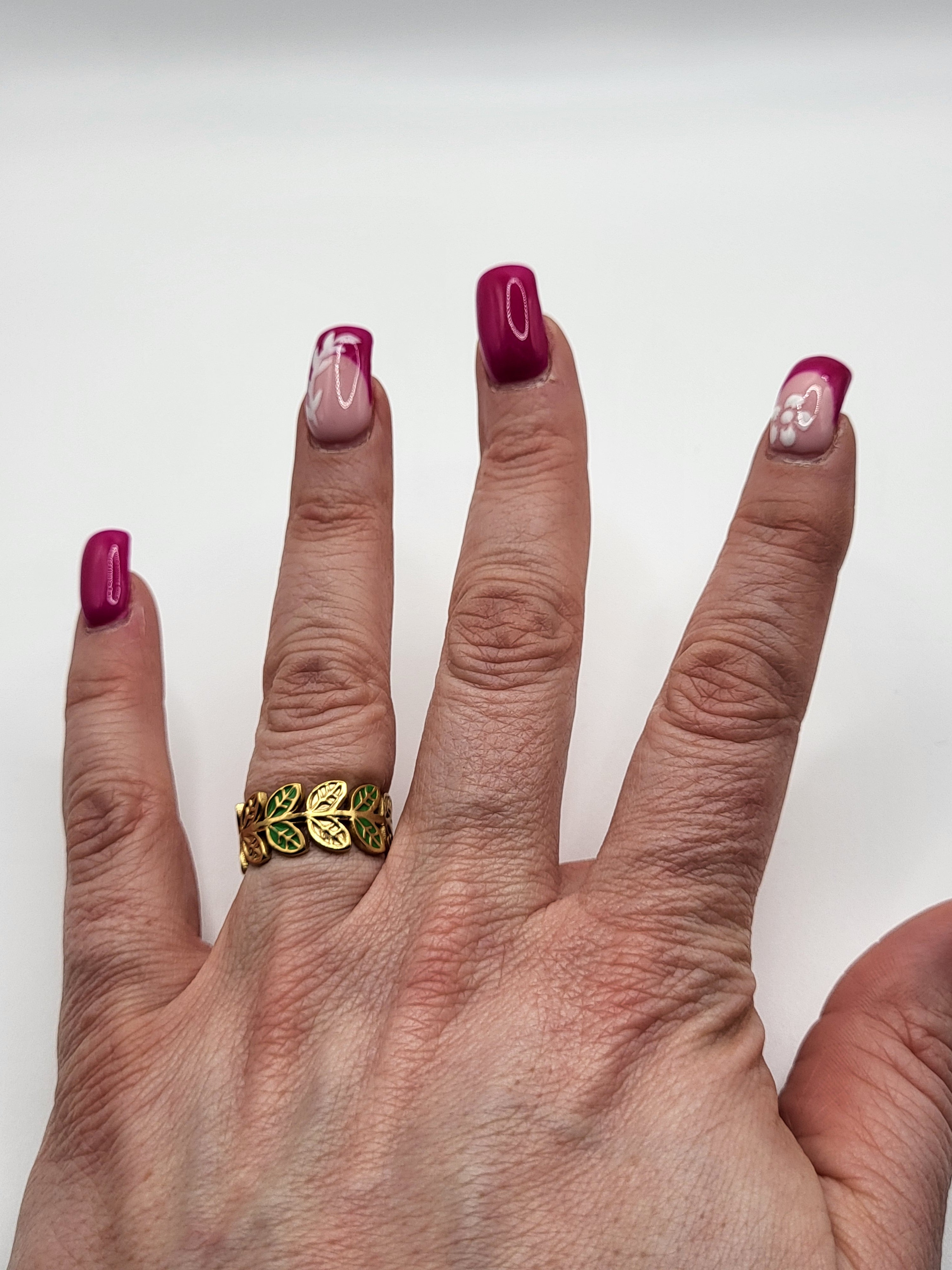Bague acier inoxydable feuilles dorée ajustable