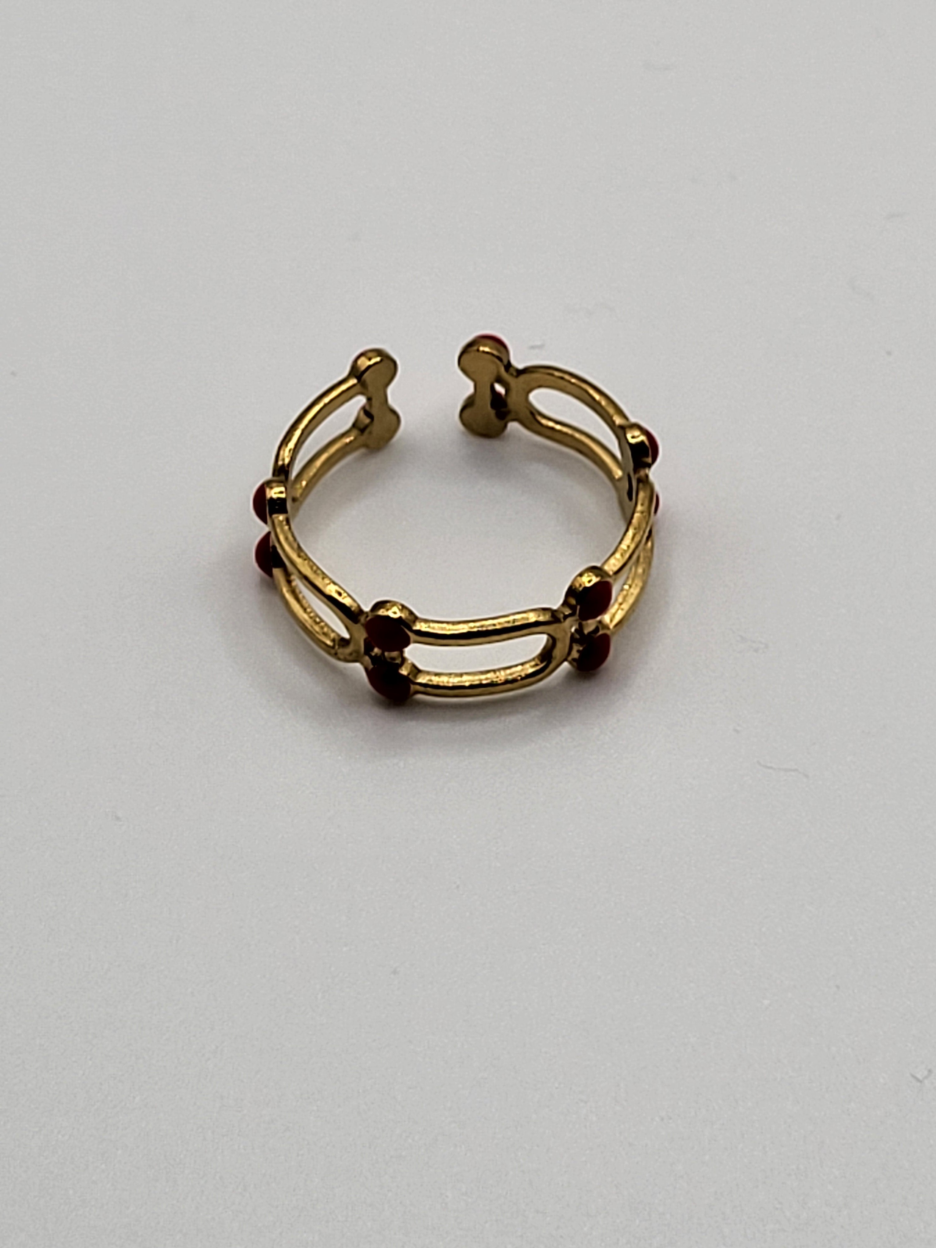 Bague acier inoxydable ajustable trait et points oranges