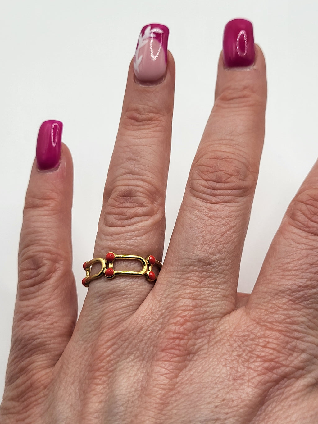 Bague acier inoxydable ajustable trait et points oranges