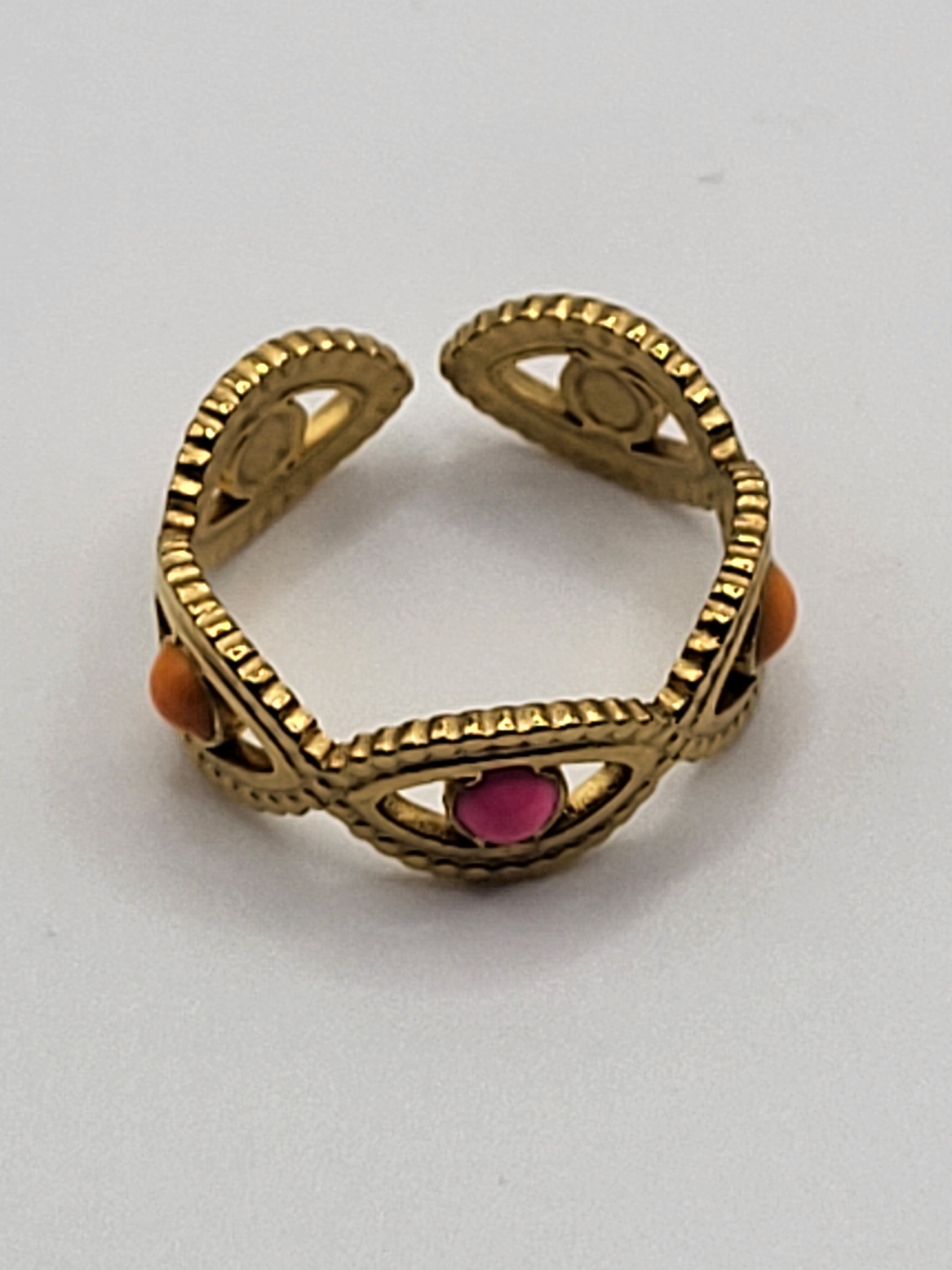 Bague ajustable acier inoxydable ovale et point rose