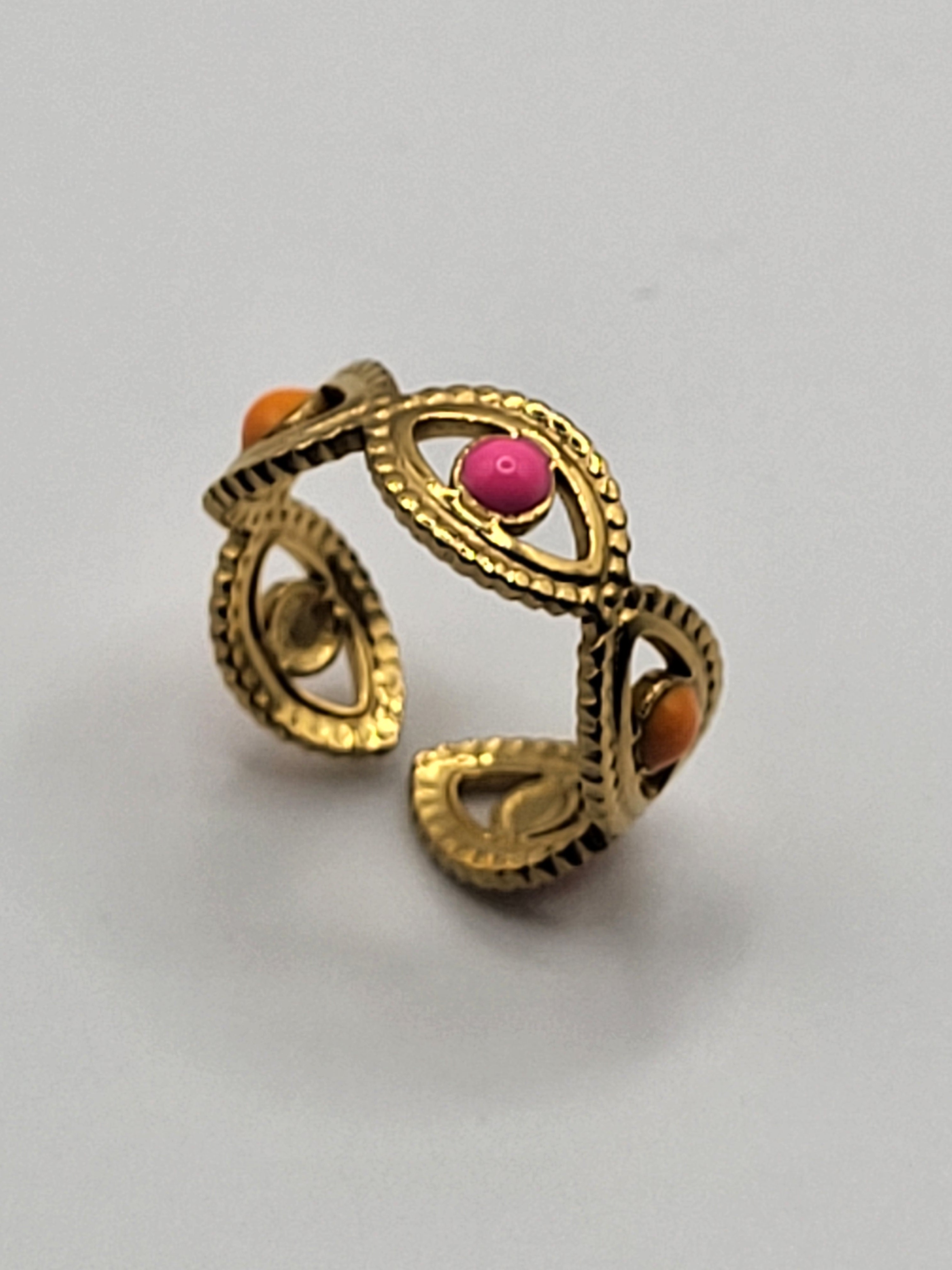 Bague ajustable acier inoxydable ovale et point rose