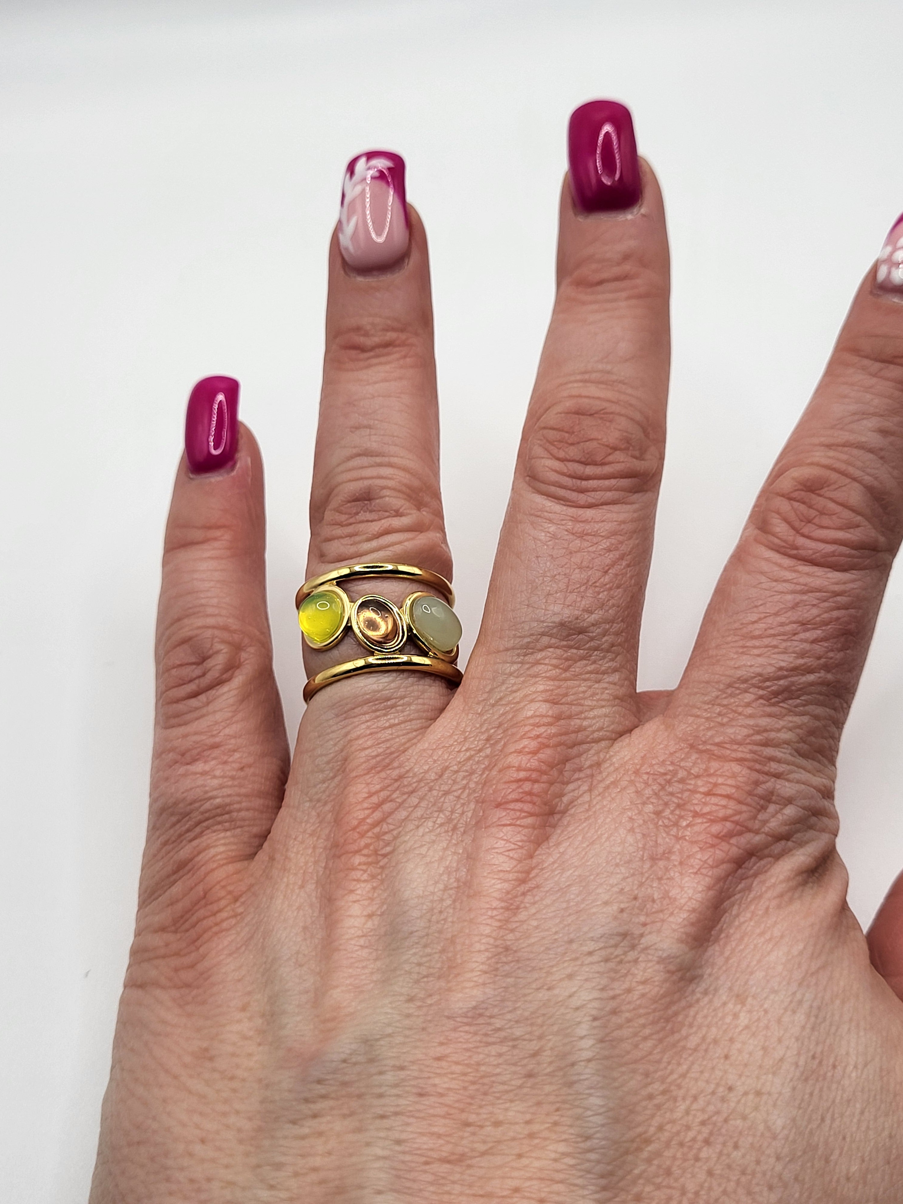 Bague géométrique ajustable en acier inoxydable avec 3 pierres