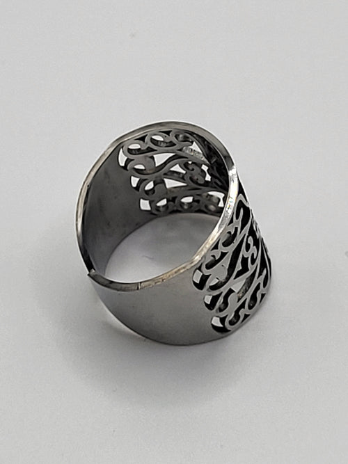 Bague acier inoxydable ajustable motif floral ajouré argenté