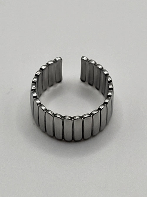 Bague acier inoxydable à larges rayures ouverte argentée