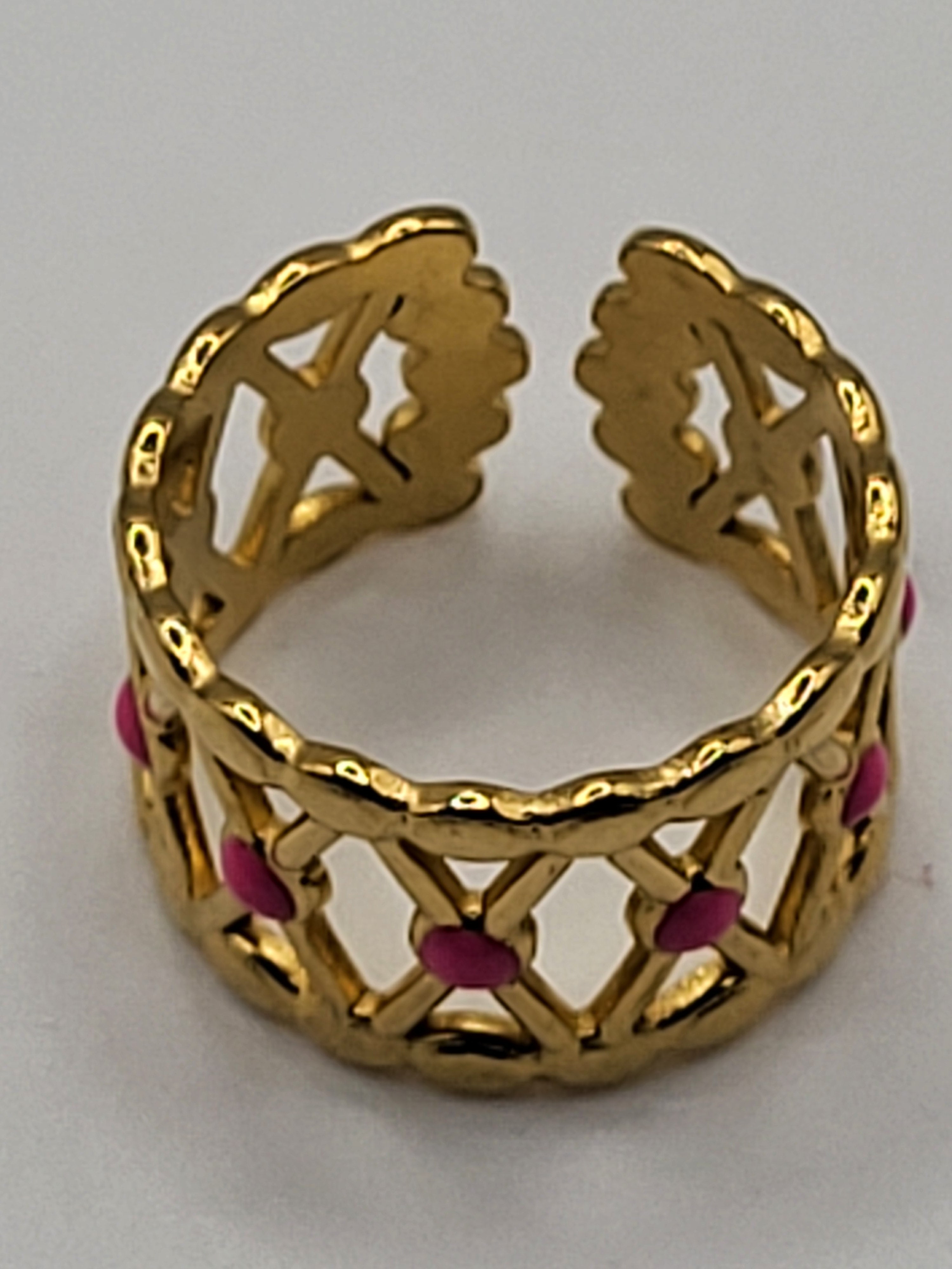 Bague acier inoxydable doré croisillons points roses