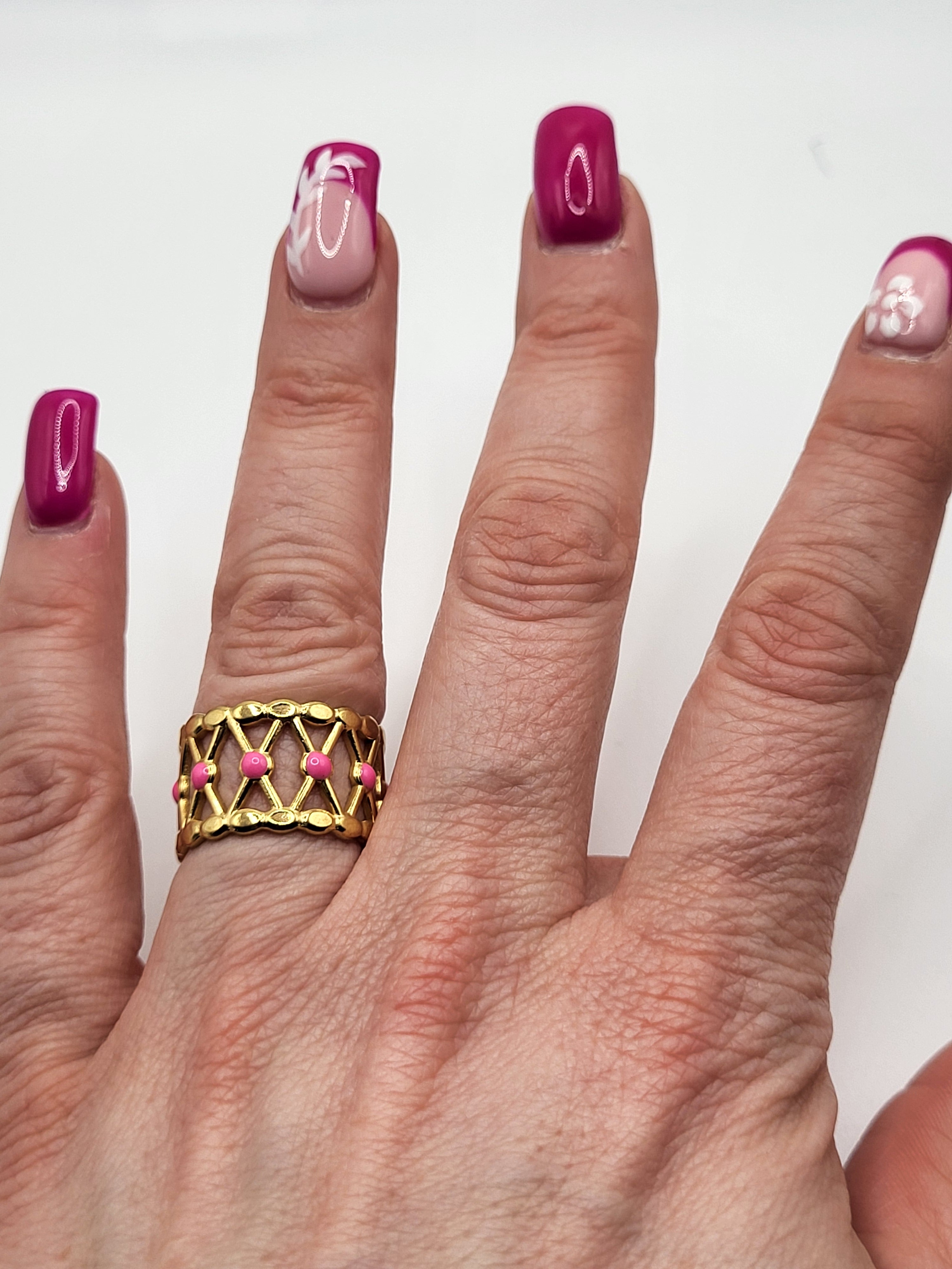 Bague acier inoxydable doré croisillons points roses