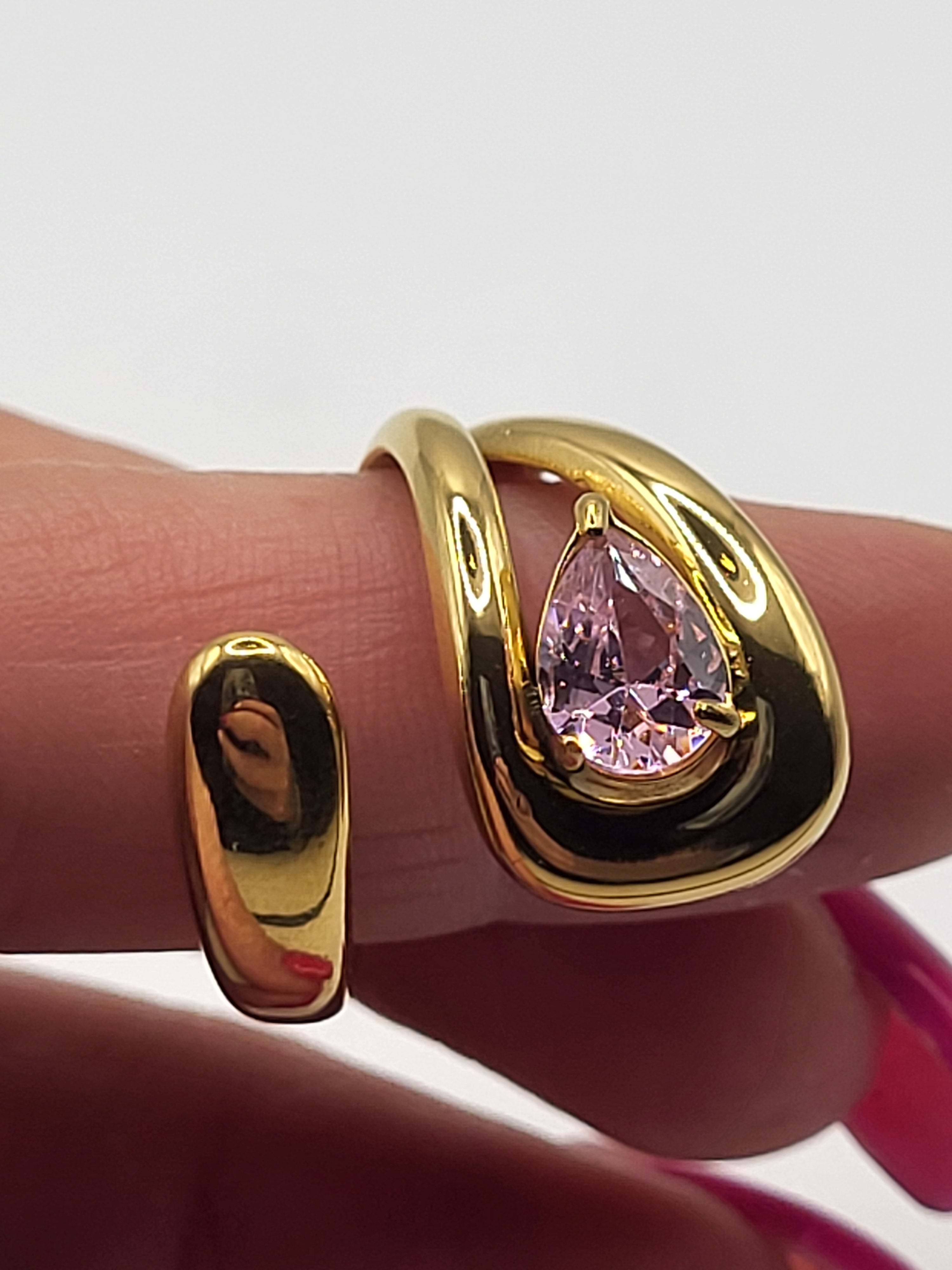 Bague ajustable acier inoxydable doré avec pierre rose