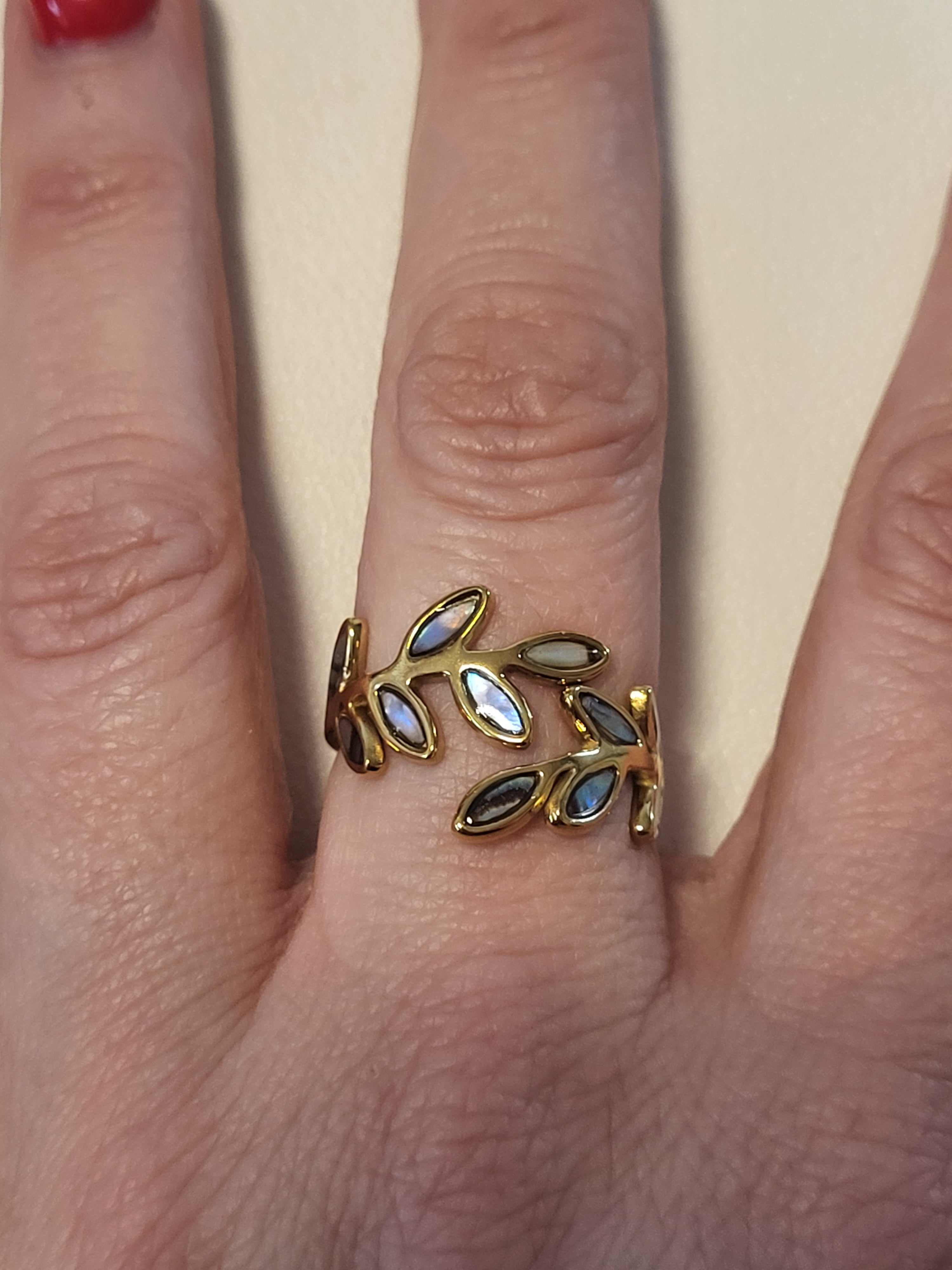 Bague ajustable acier inoxydable émaillé feuilles anneau ouvert