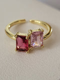 Bague carrée acier inoxydable zircon deux roses