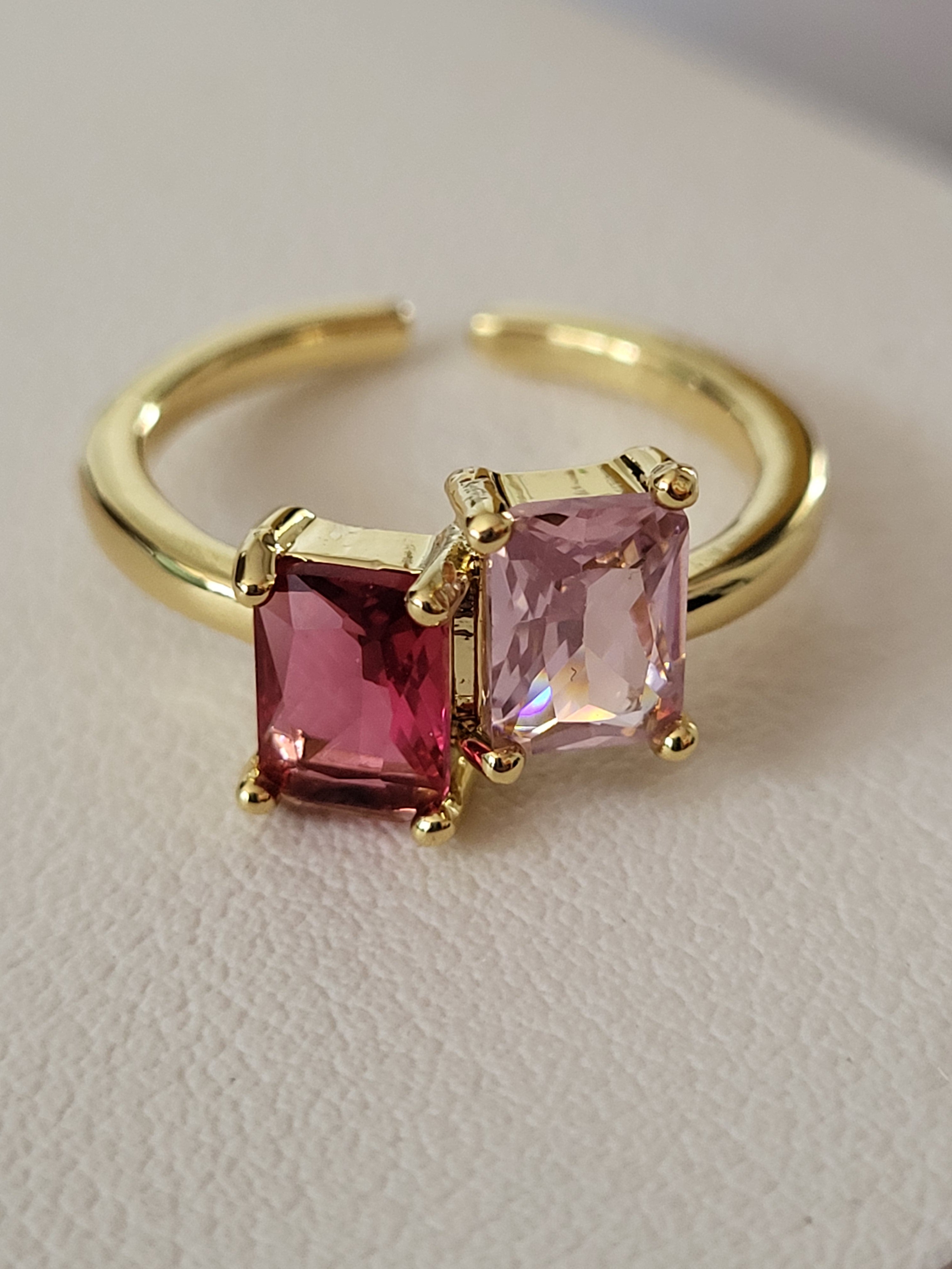 Bague carrée acier inoxydable zircon deux roses