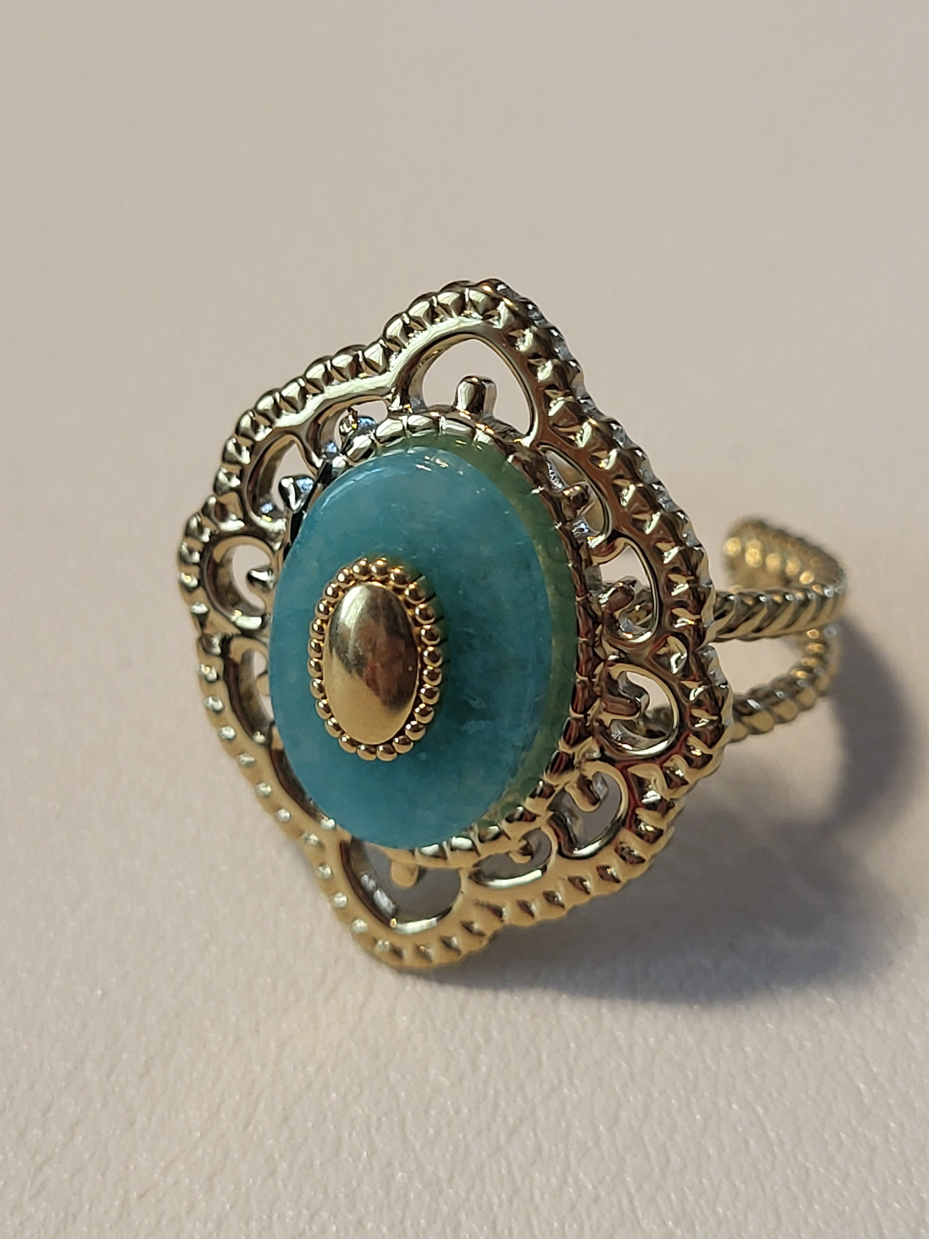 Bague dorée ajustable pierre turquoise style vintage