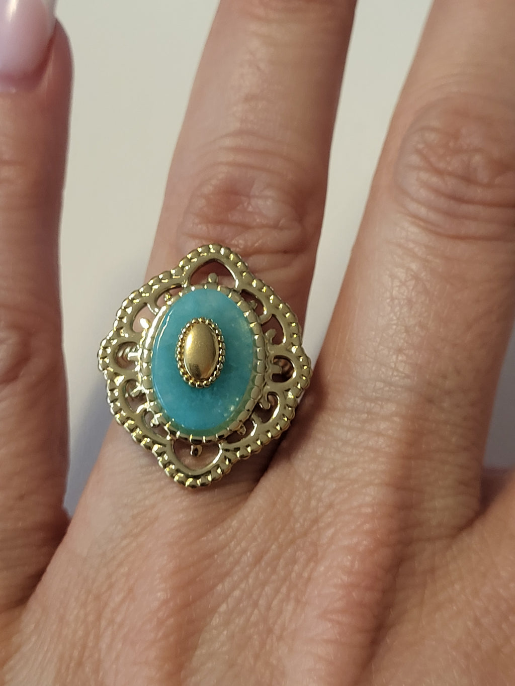 Bague dorée ajustable pierre turquoise style vintage