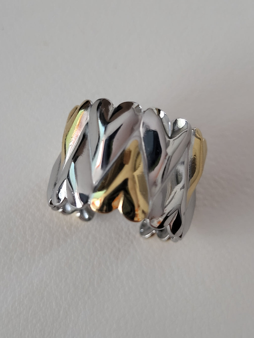 Bague large cœurs superposés doré et argenté