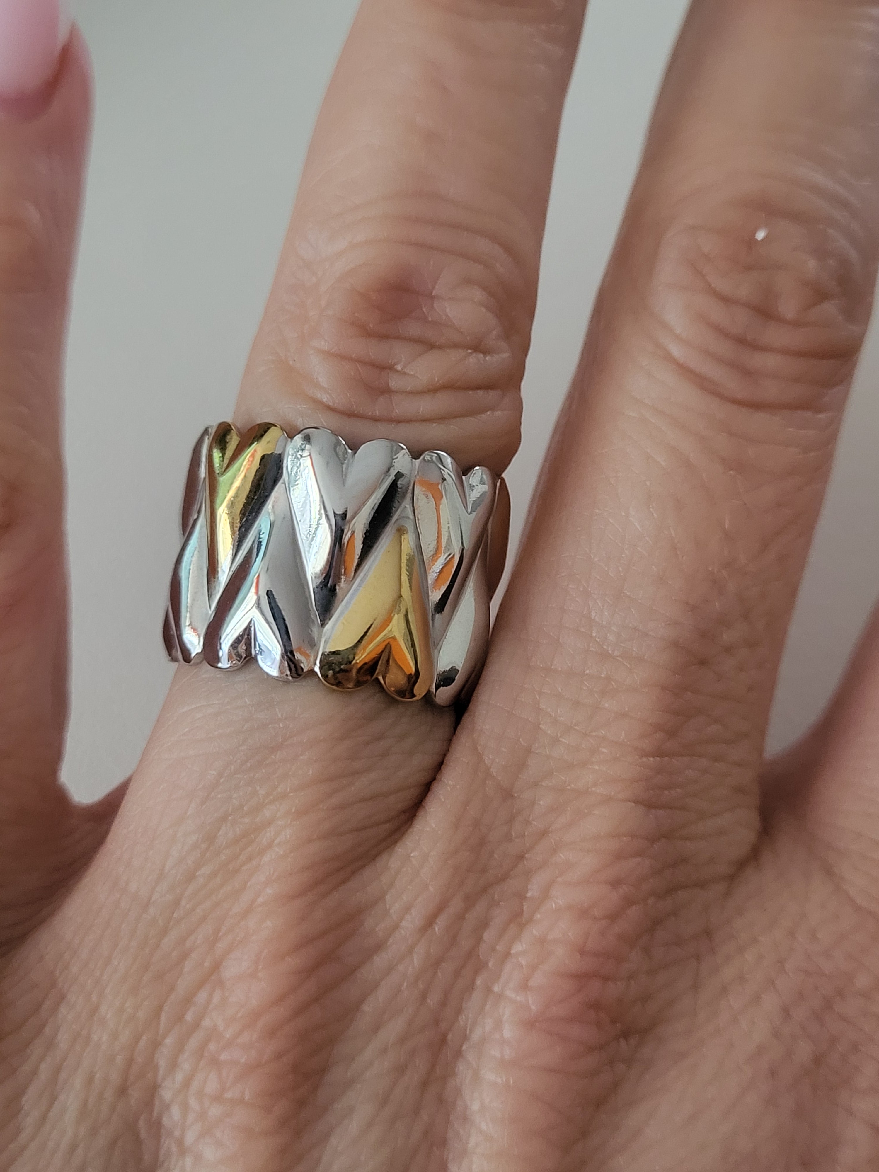 Bague large cœurs superposés doré et argenté