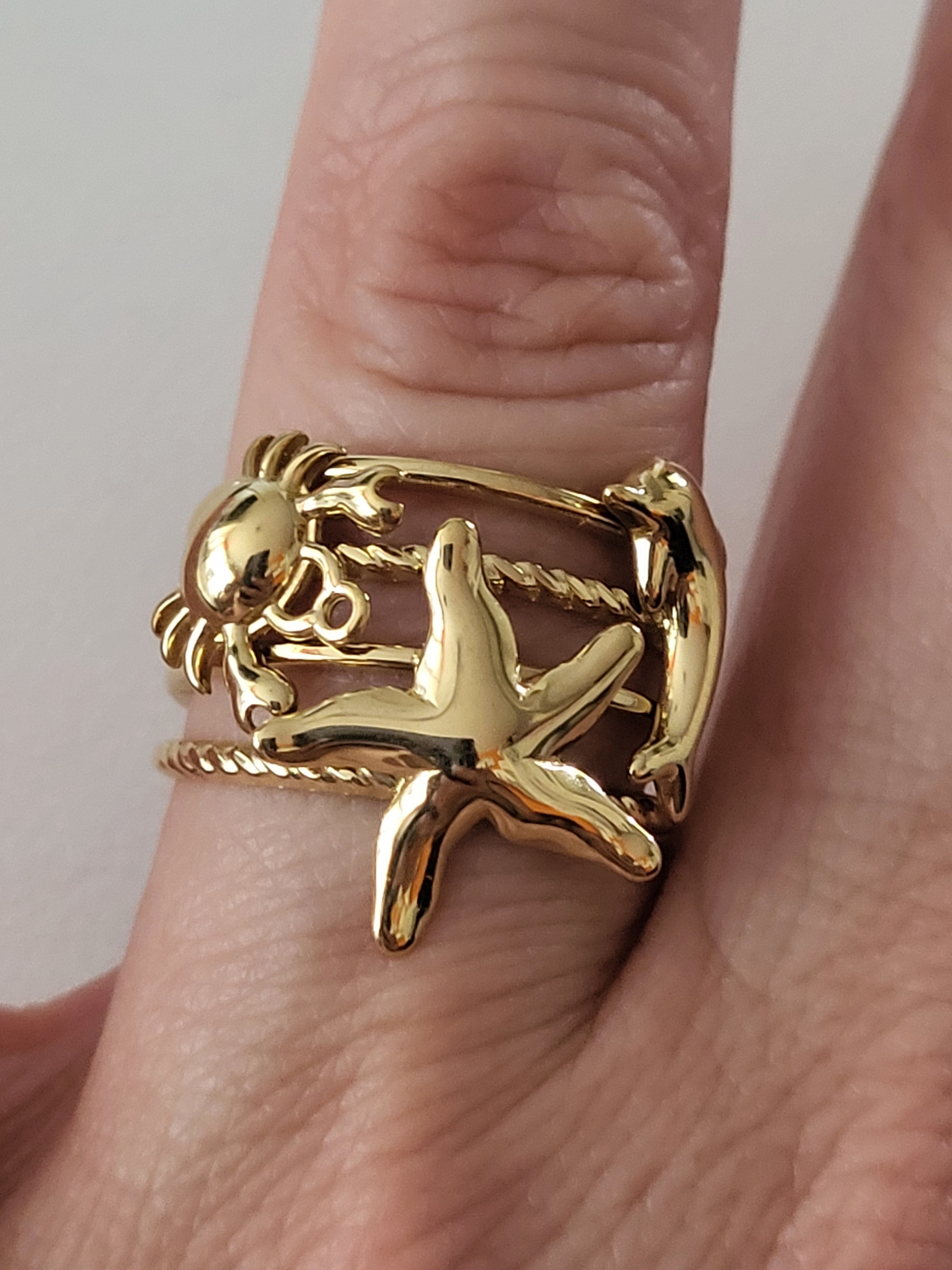 Bague ouverte étoile de mer et animaux marins doré
