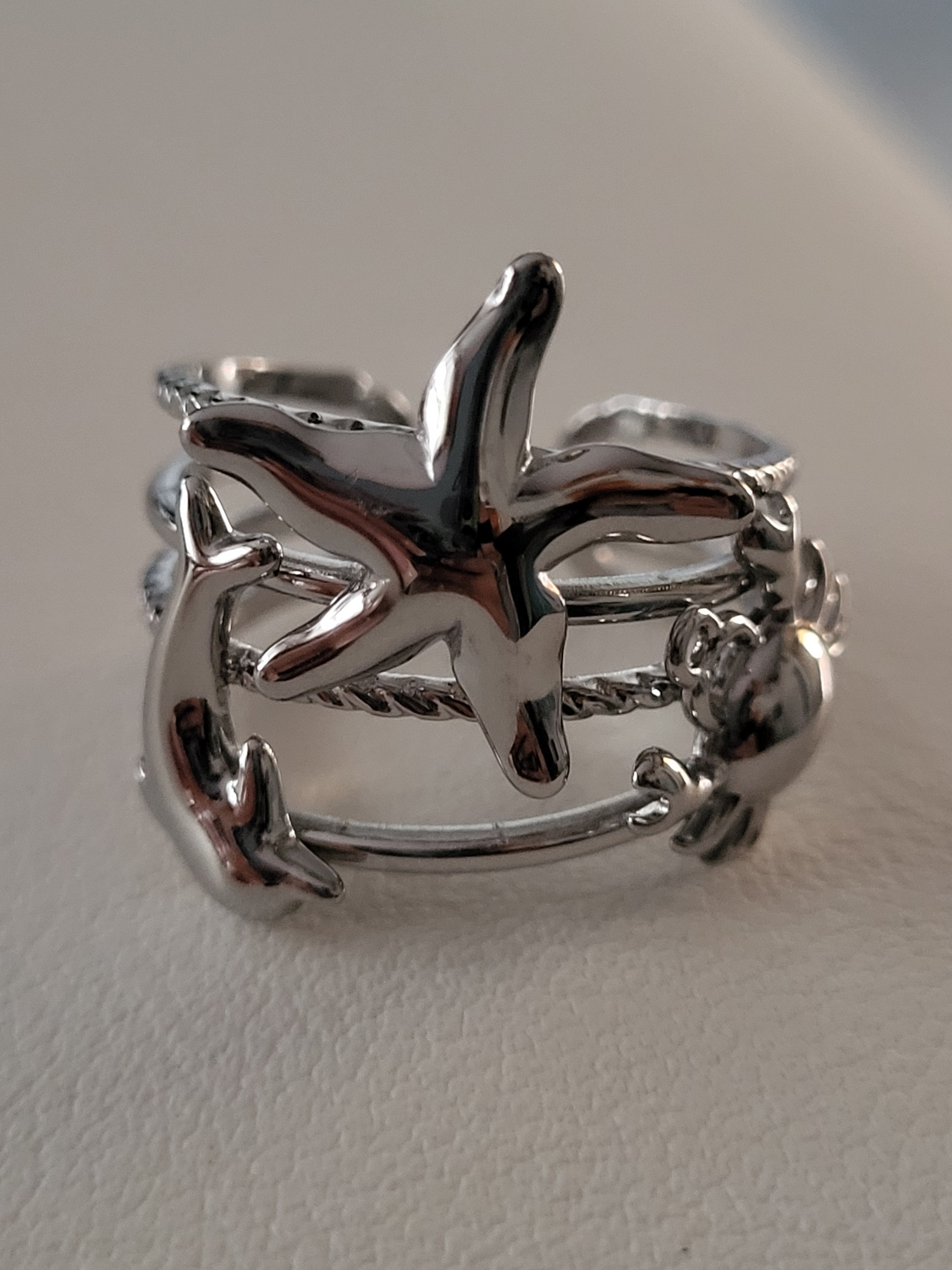 Bague ouverte étoile de mer et animaux marins argenté