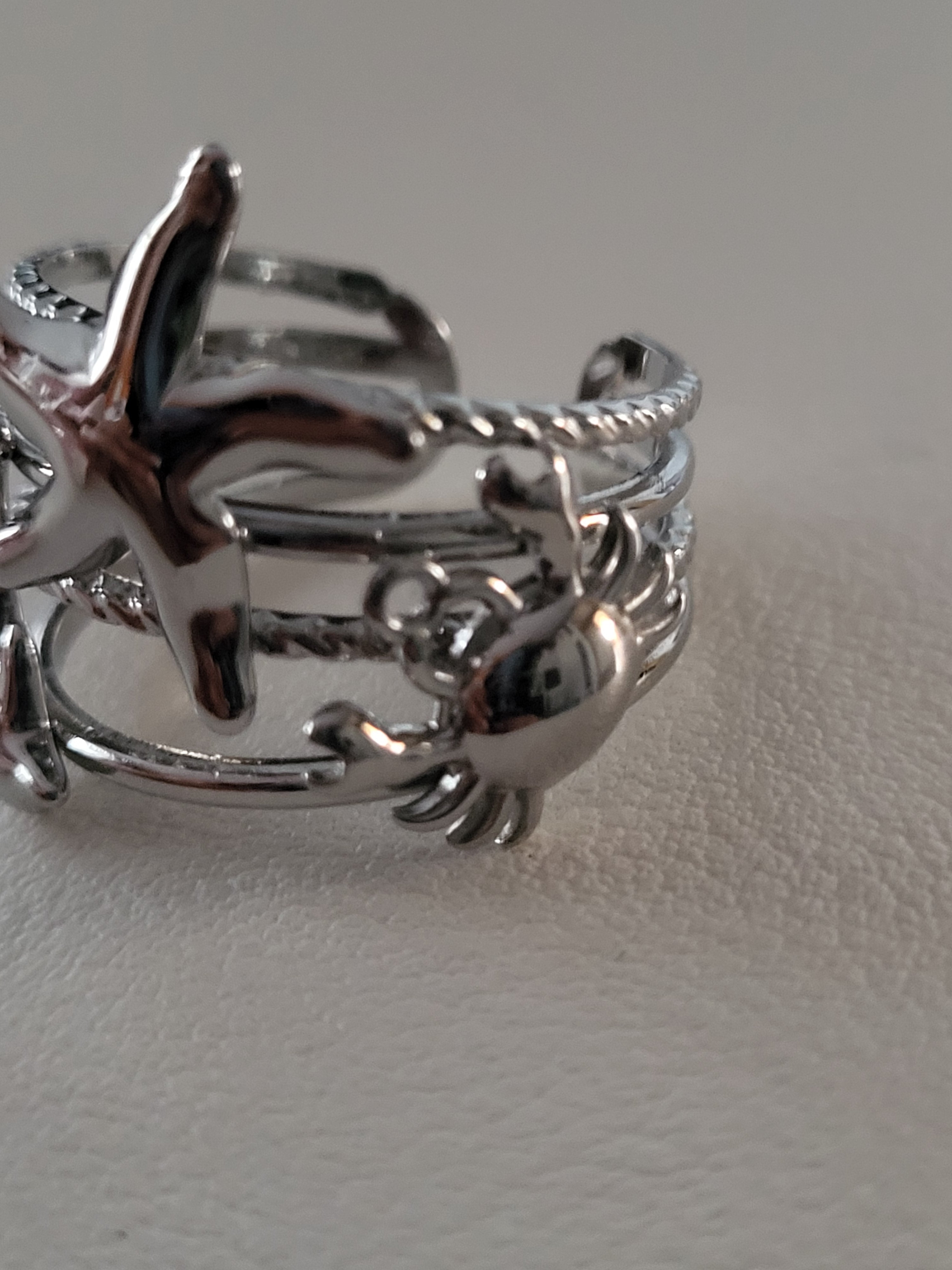 Bague ouverte étoile de mer et animaux marins argenté