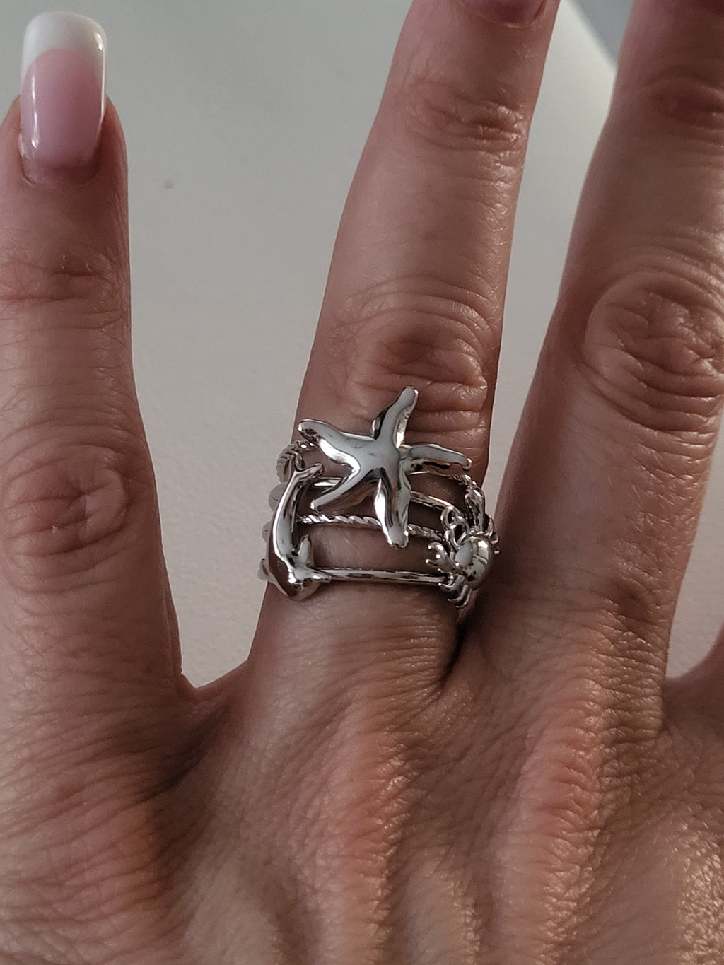 Bague ouverte étoile de mer et animaux marins argenté