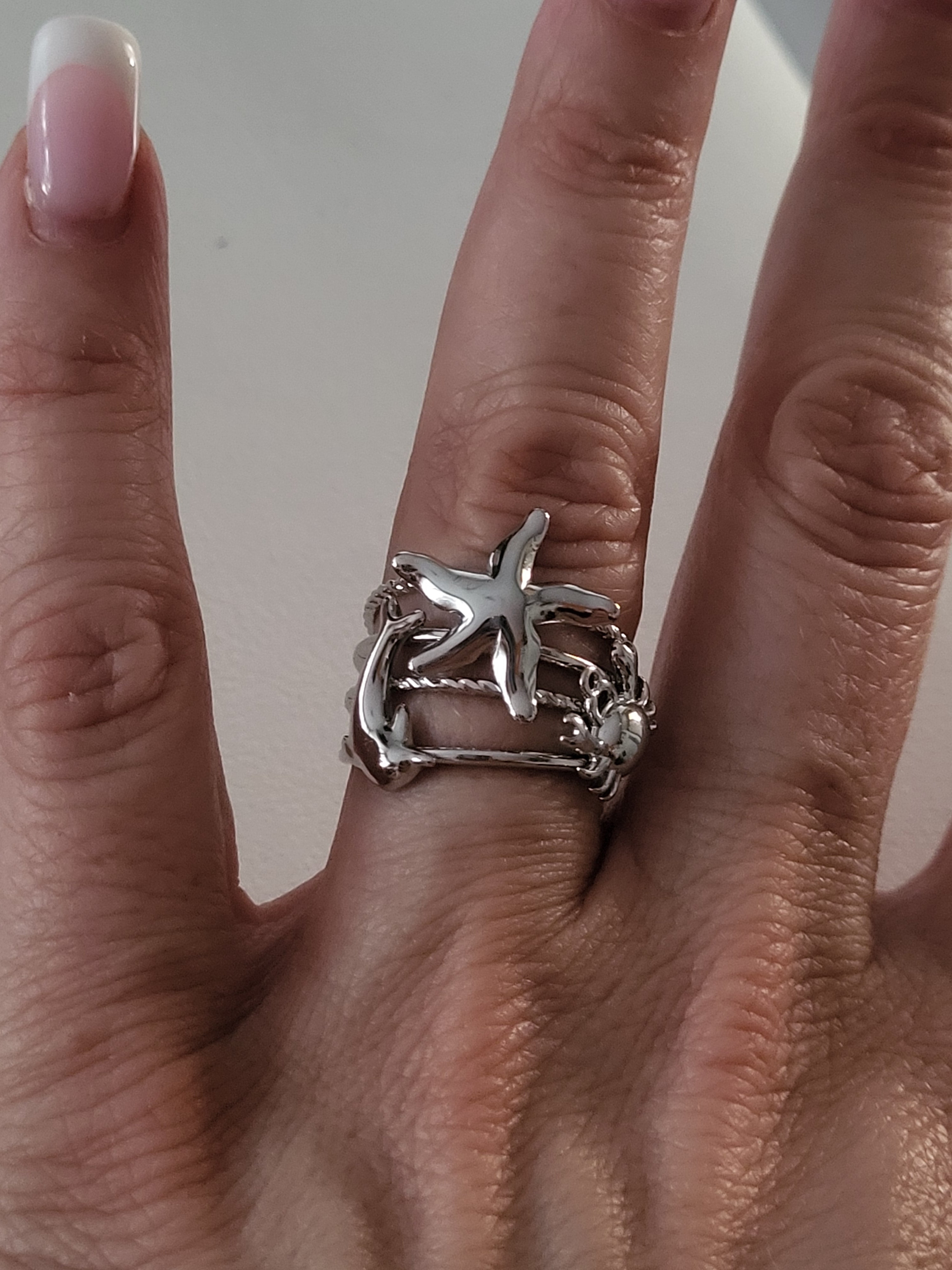 Bague ouverte étoile de mer et animaux marins argenté
