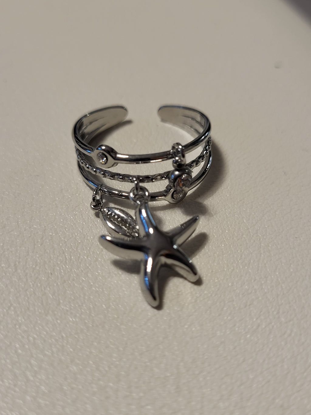 Bague ouverte triple anneau avec étoile marine et strass argenté