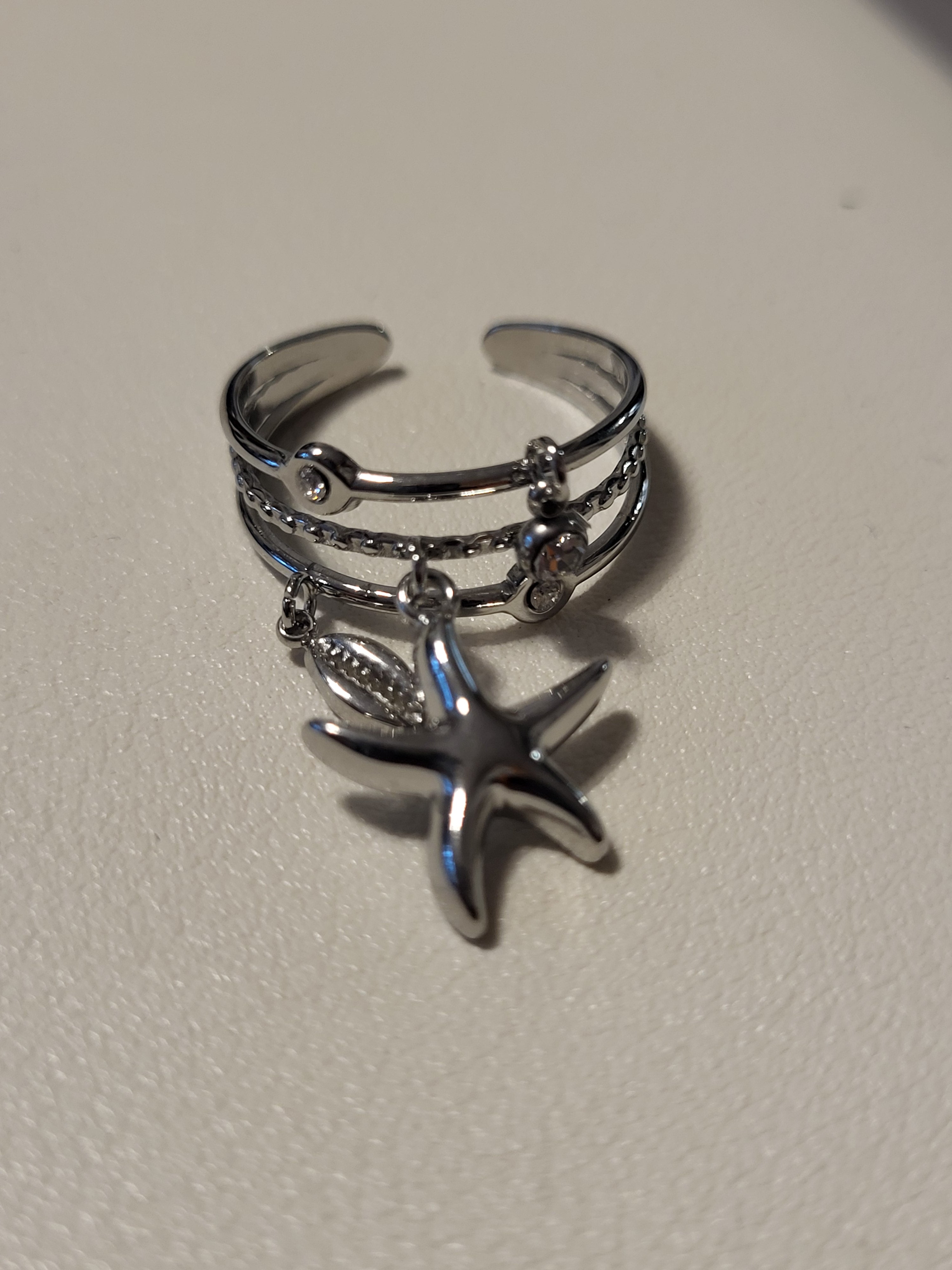 Bague ouverte triple anneau avec étoile marine et strass argenté