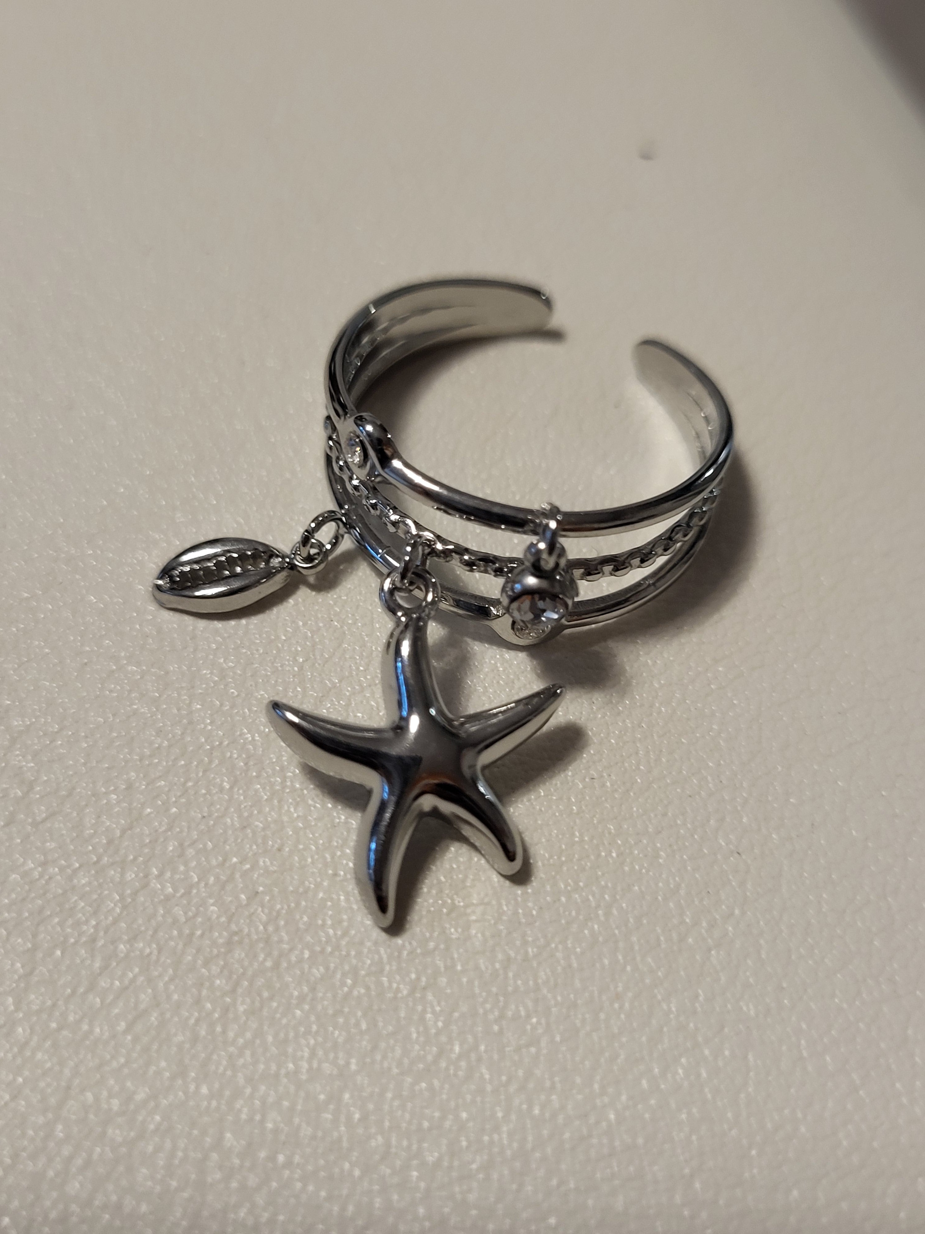 Bague ouverte triple anneau avec étoile marine et strass argenté