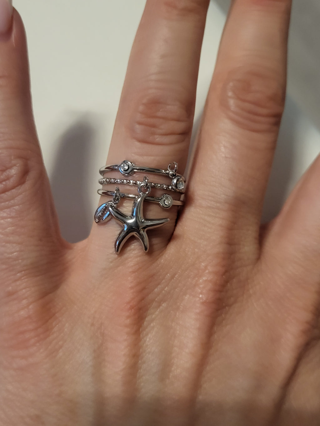 Bague ouverte triple anneau avec étoile marine et strass argenté