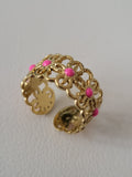 Bague ouverte acier inoxydable doré motif fleurs doré et roses