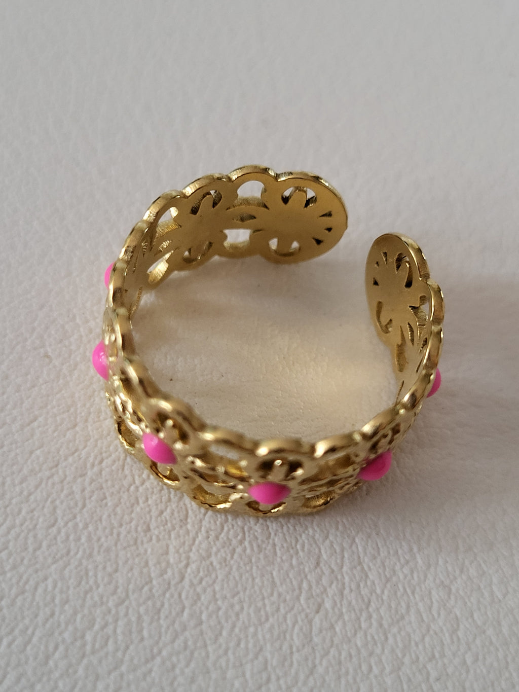 Bague ouverte acier inoxydable doré motif fleurs doré et roses