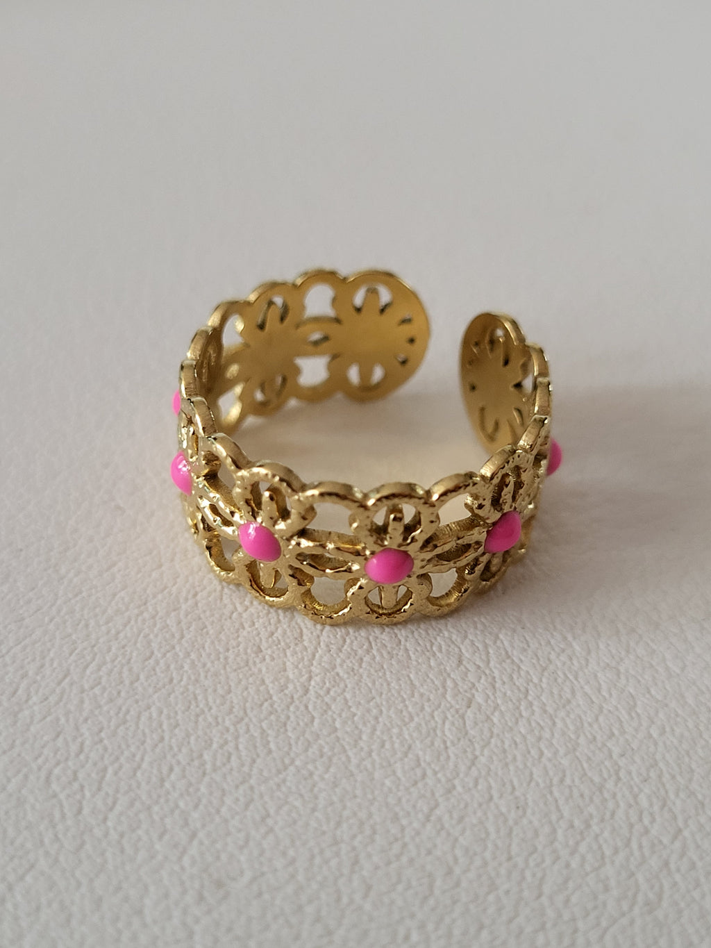 Bague ouverte acier inoxydable doré motif fleurs doré et roses