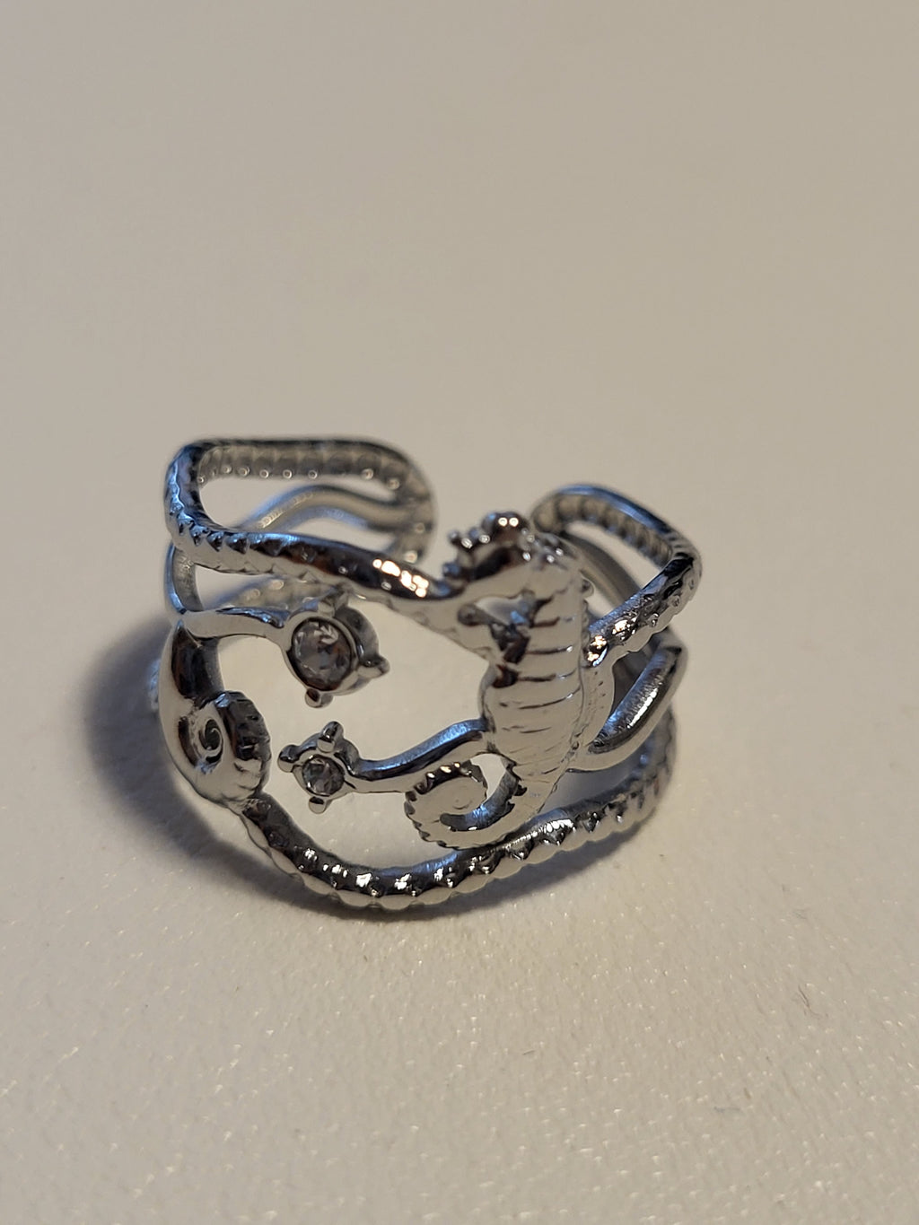 Bague ajustable hippocampe et étoiles marines argenté
