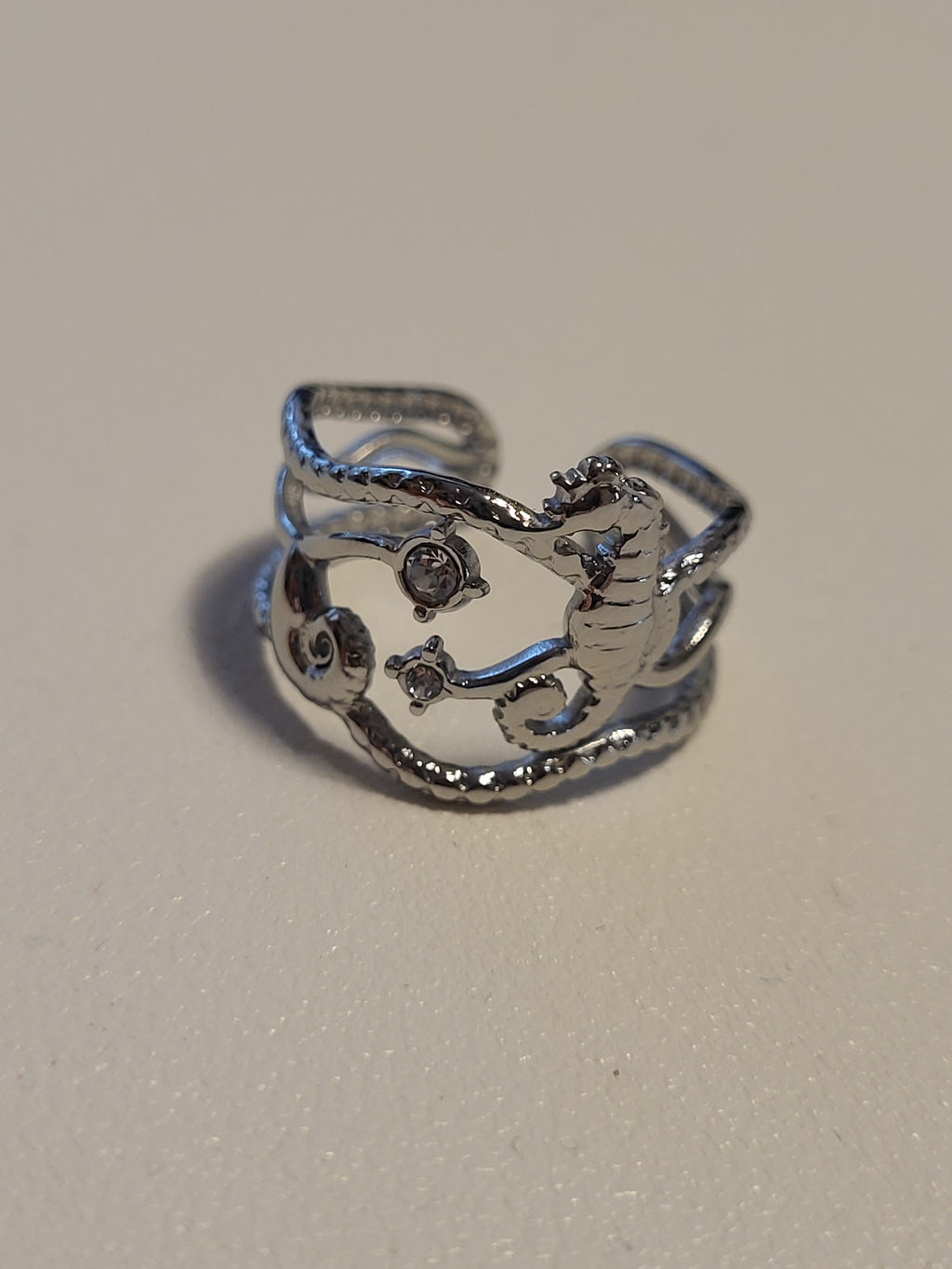 Bague ajustable hippocampe et étoiles marines argenté