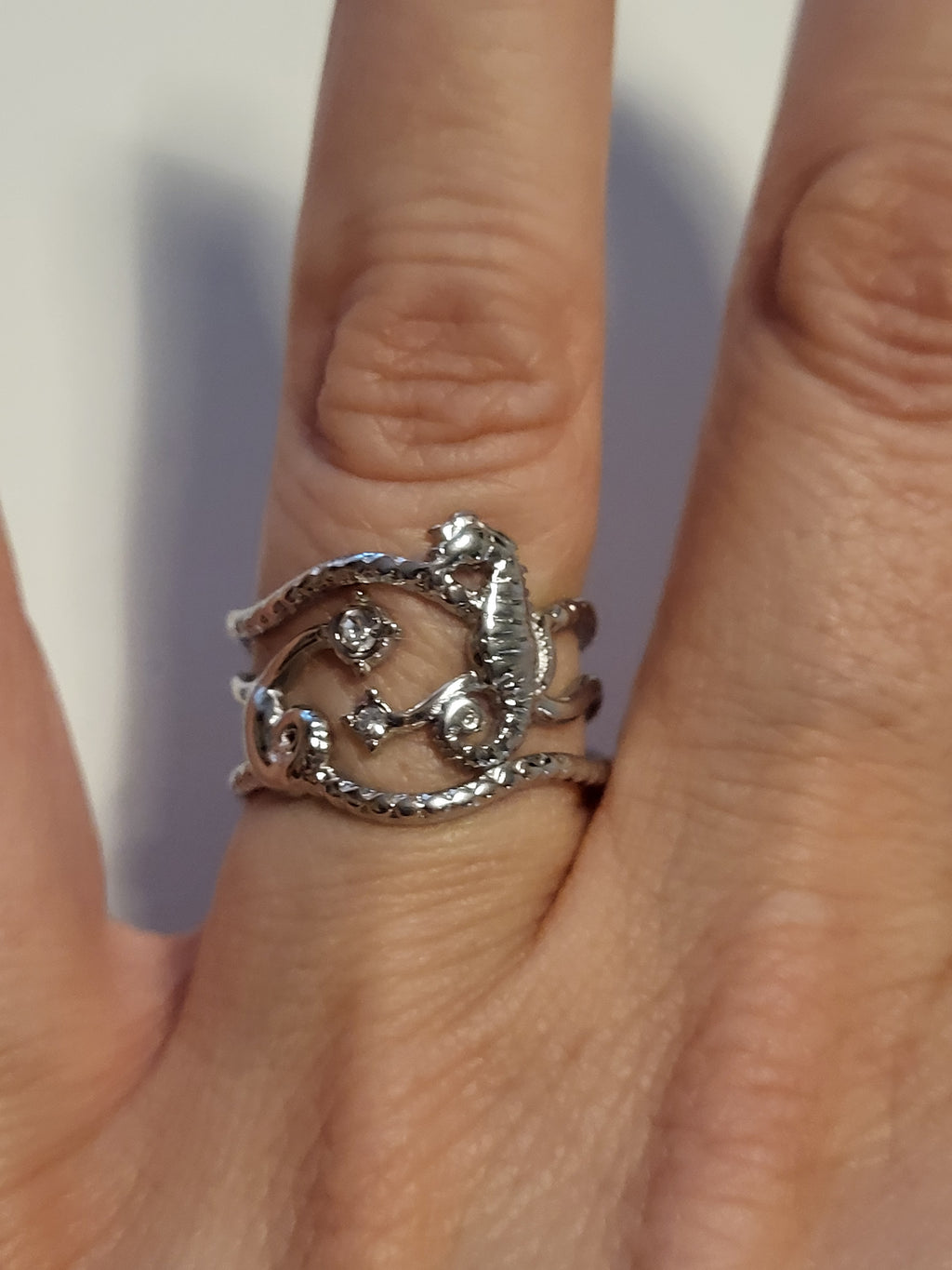 Bague ajustable hippocampe et étoiles marines argenté
