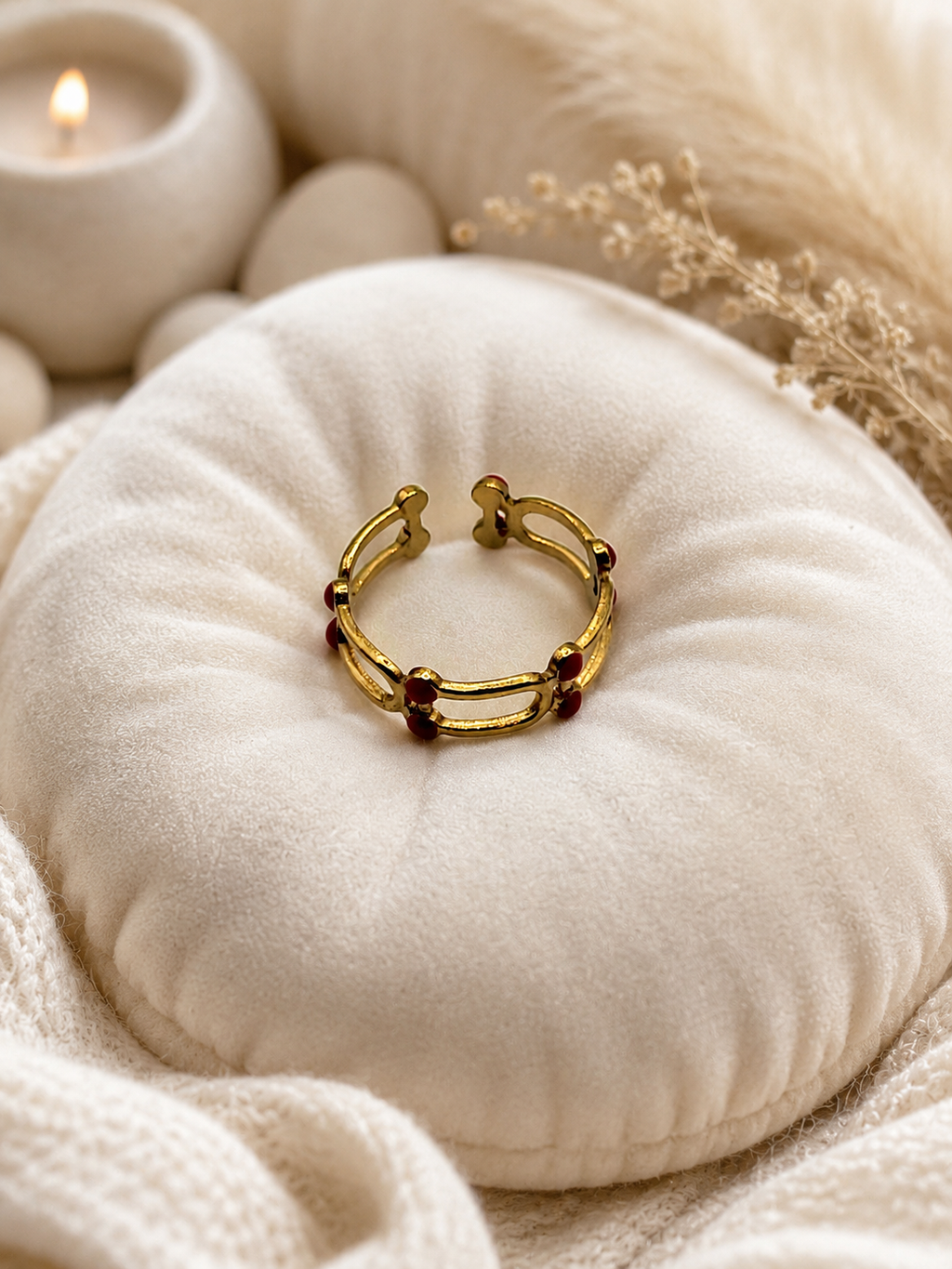 Bague acier inoxydable ajustable trait et points oranges
