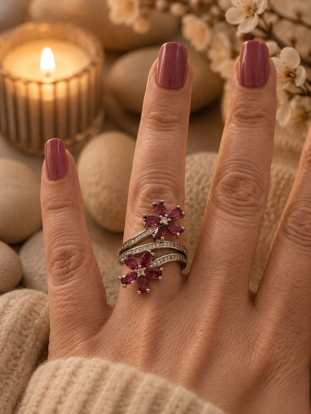 Bague ajustable acier inoxydable argenté avec fleurs zircon rose