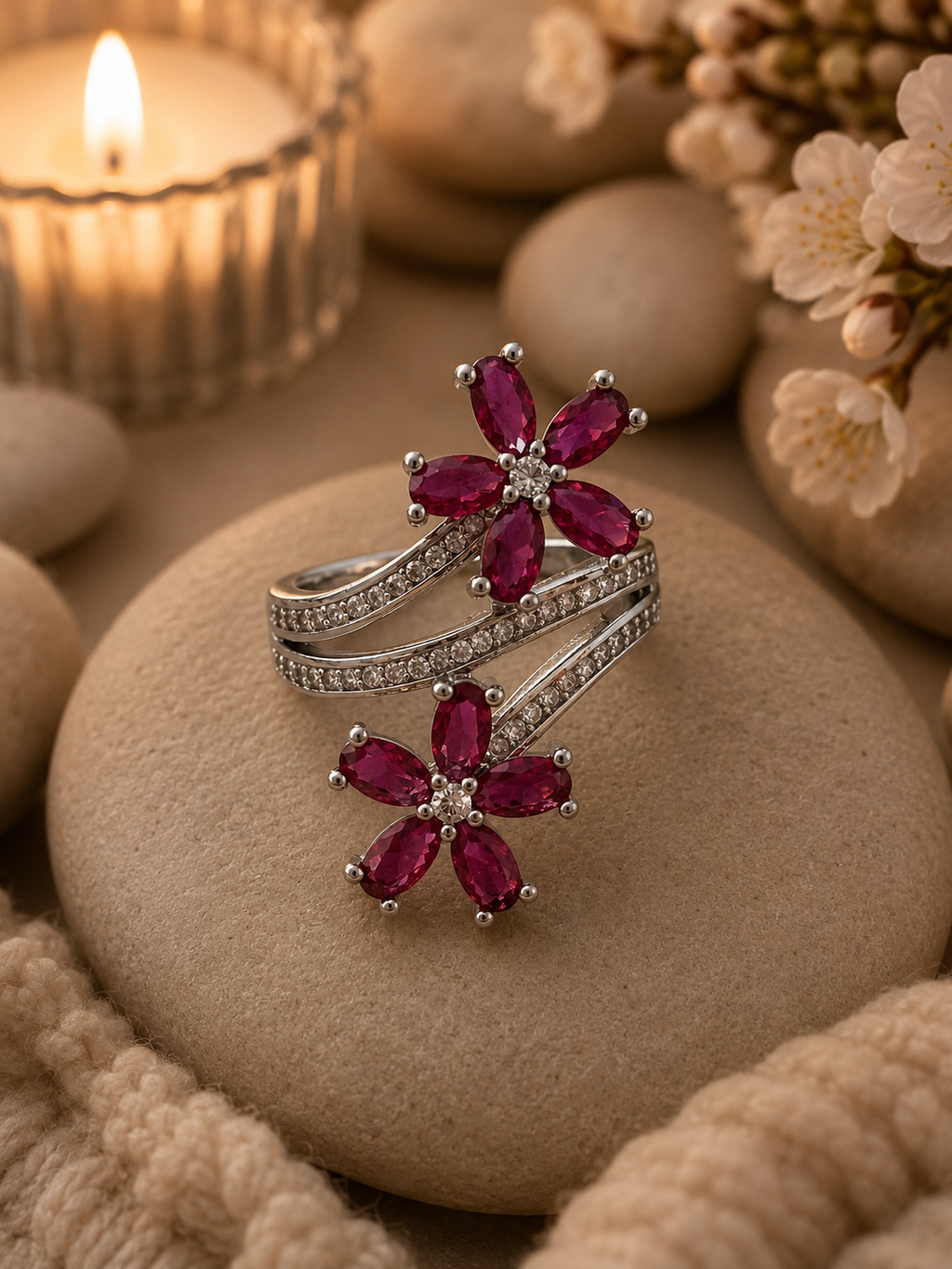 Bague ajustable acier inoxydable argenté avec fleurs zircon rose