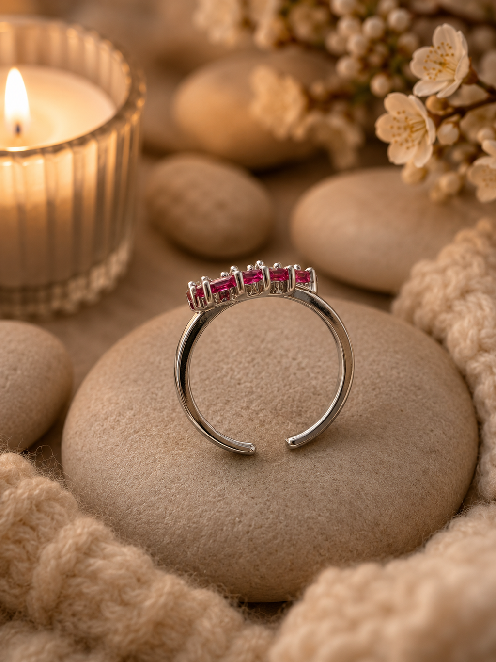 Bague ajustable acier inoxydable argenté avec fleurs zircon rose