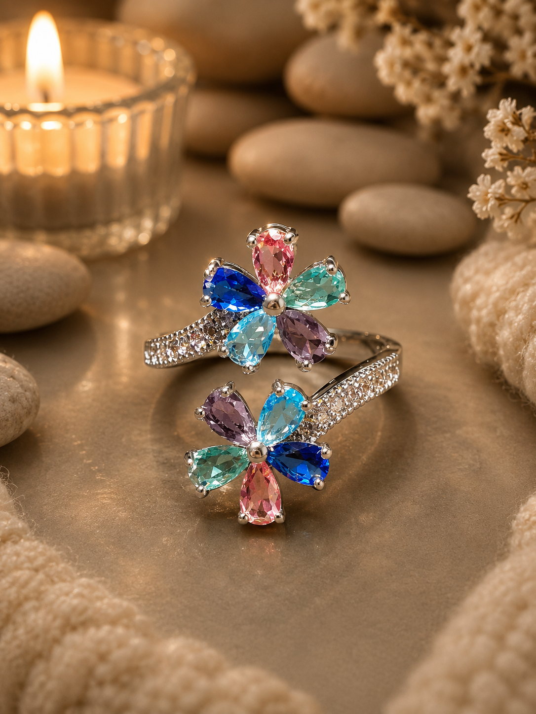 Bague ouverte acier inoxydable argenté avec fleurs multicolores