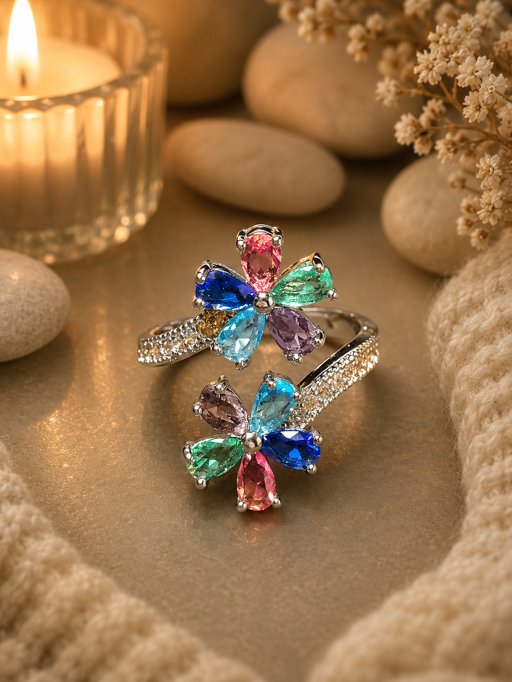 Bague ouverte acier inoxydable argenté avec fleurs multicolores