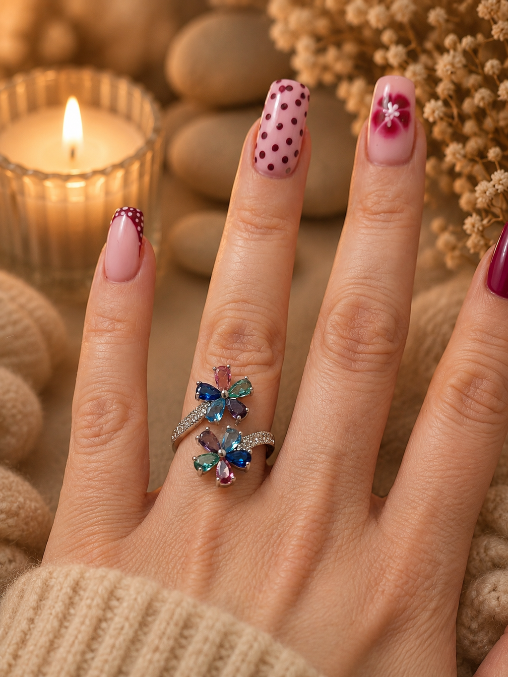 Bague ouverte acier inoxydable argenté avec fleurs multicolores