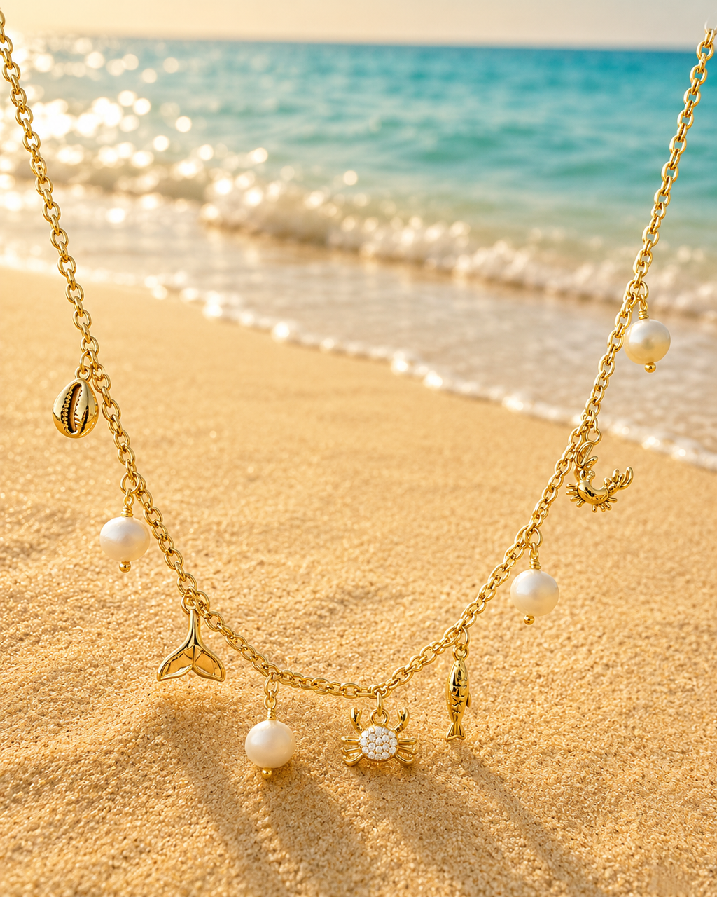 Collier doré à charms crabes et perles