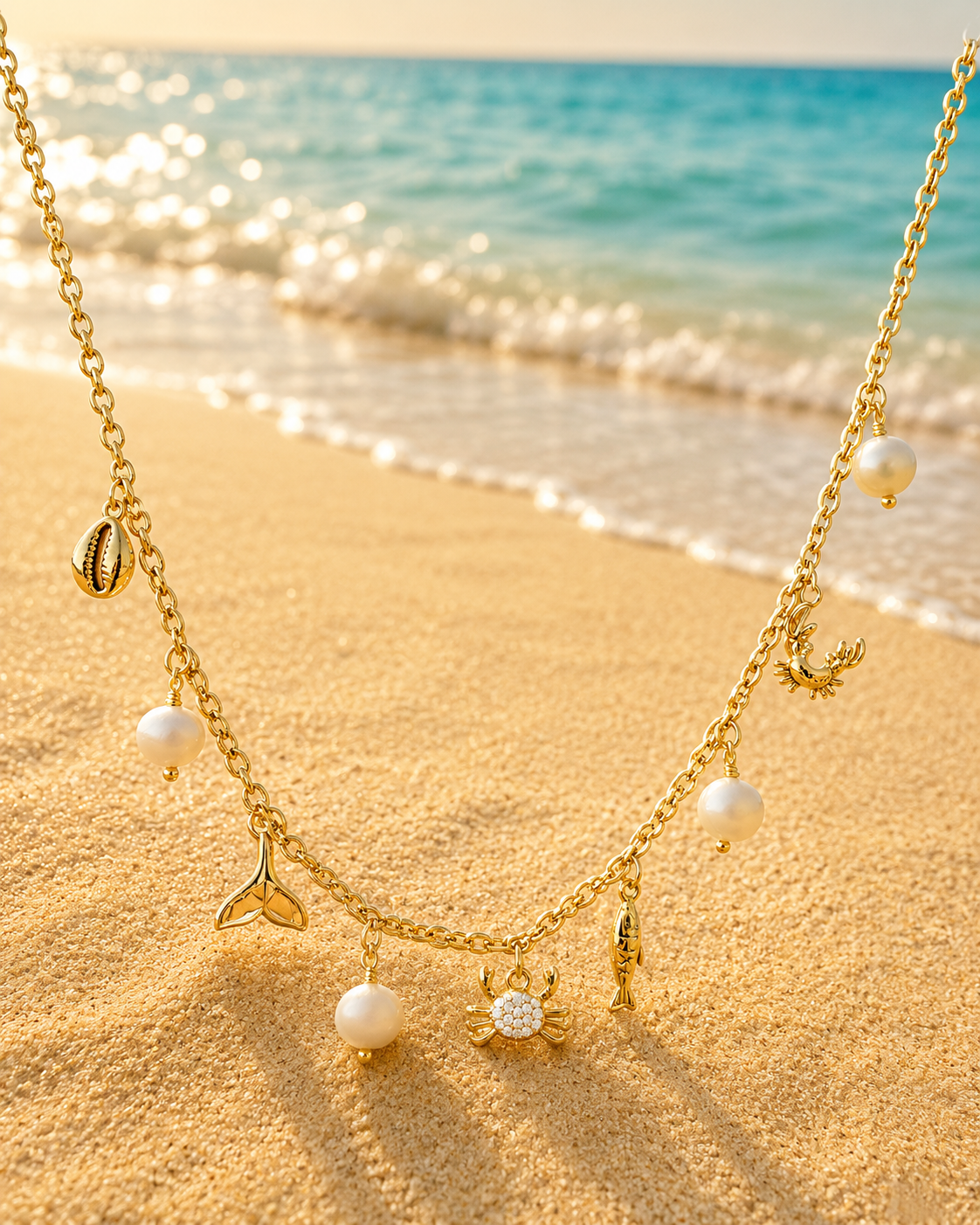 Collier doré à charms crabes et perles