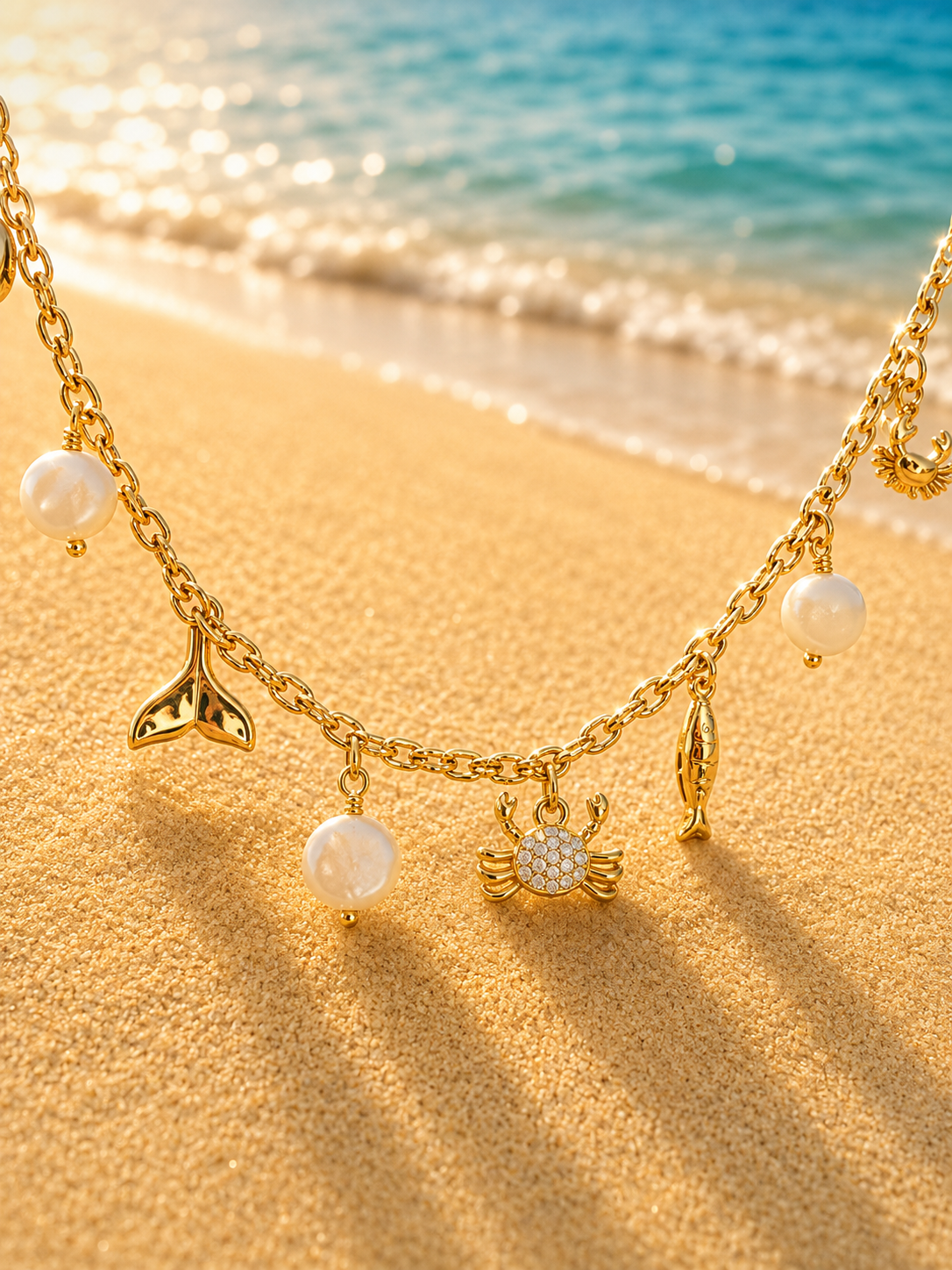 Collier doré à charms crabes et perles