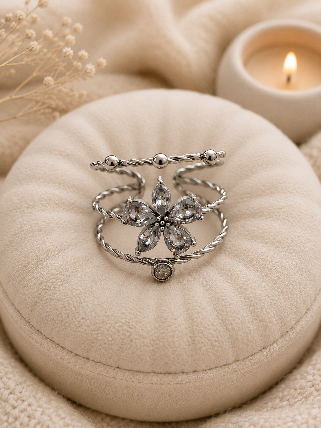 Bague Ajustable Triple Anneau Fleur Strassée en Acier Inoxydable Argenté