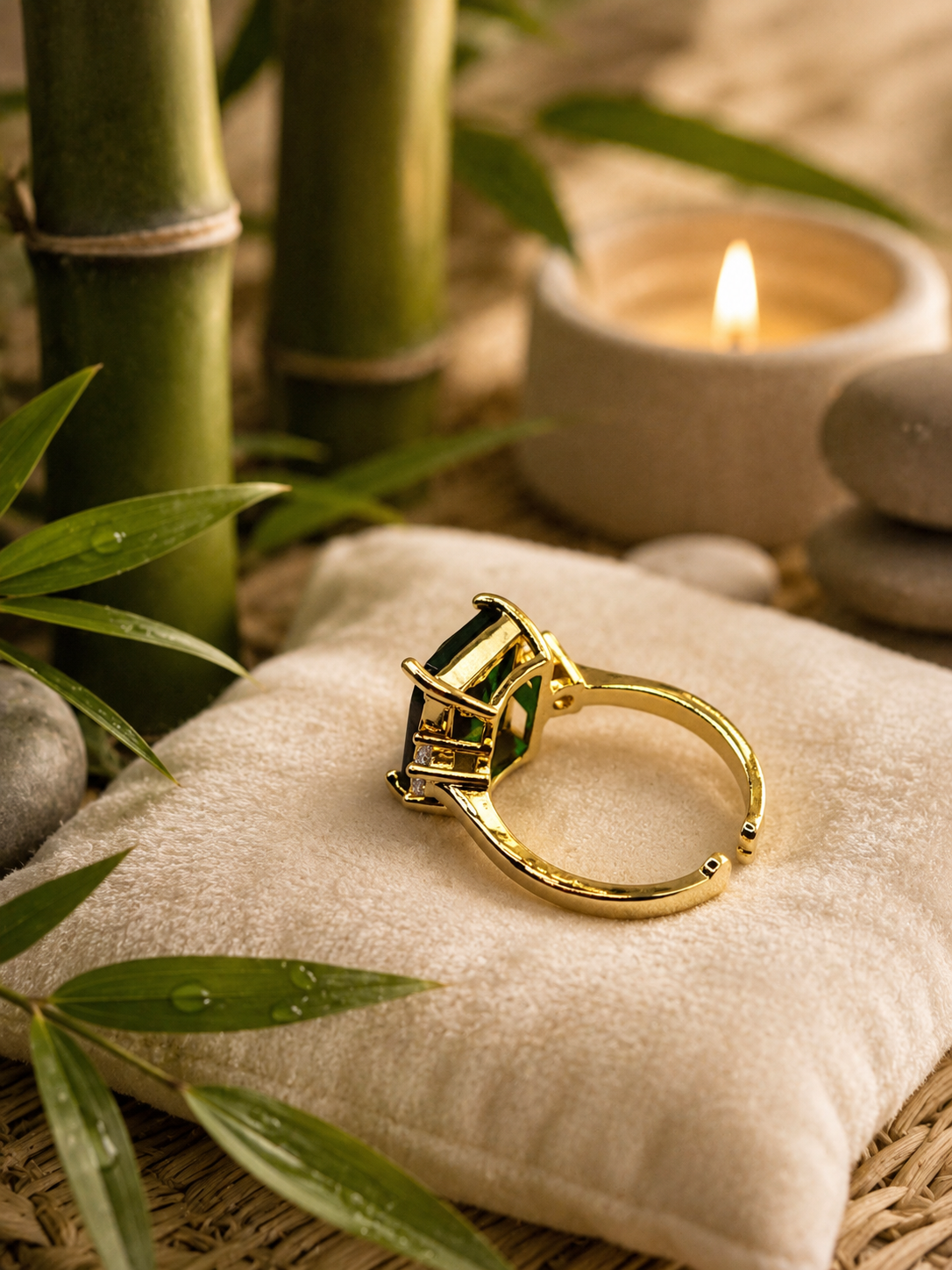 Bague en acier inoxydable doré ajustable pierre carrée zircon vert