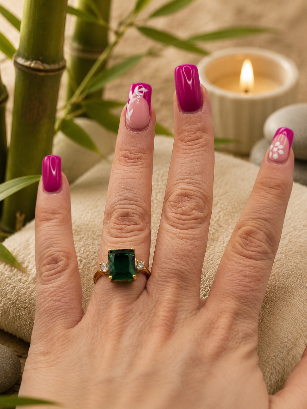 Bague en acier inoxydable doré ajustable pierre carrée zircon vert