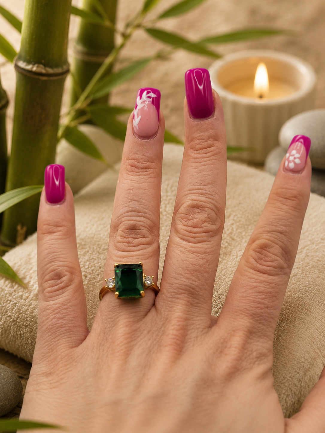 Bague en acier inoxydable doré ajustable pierre carrée zircon vert