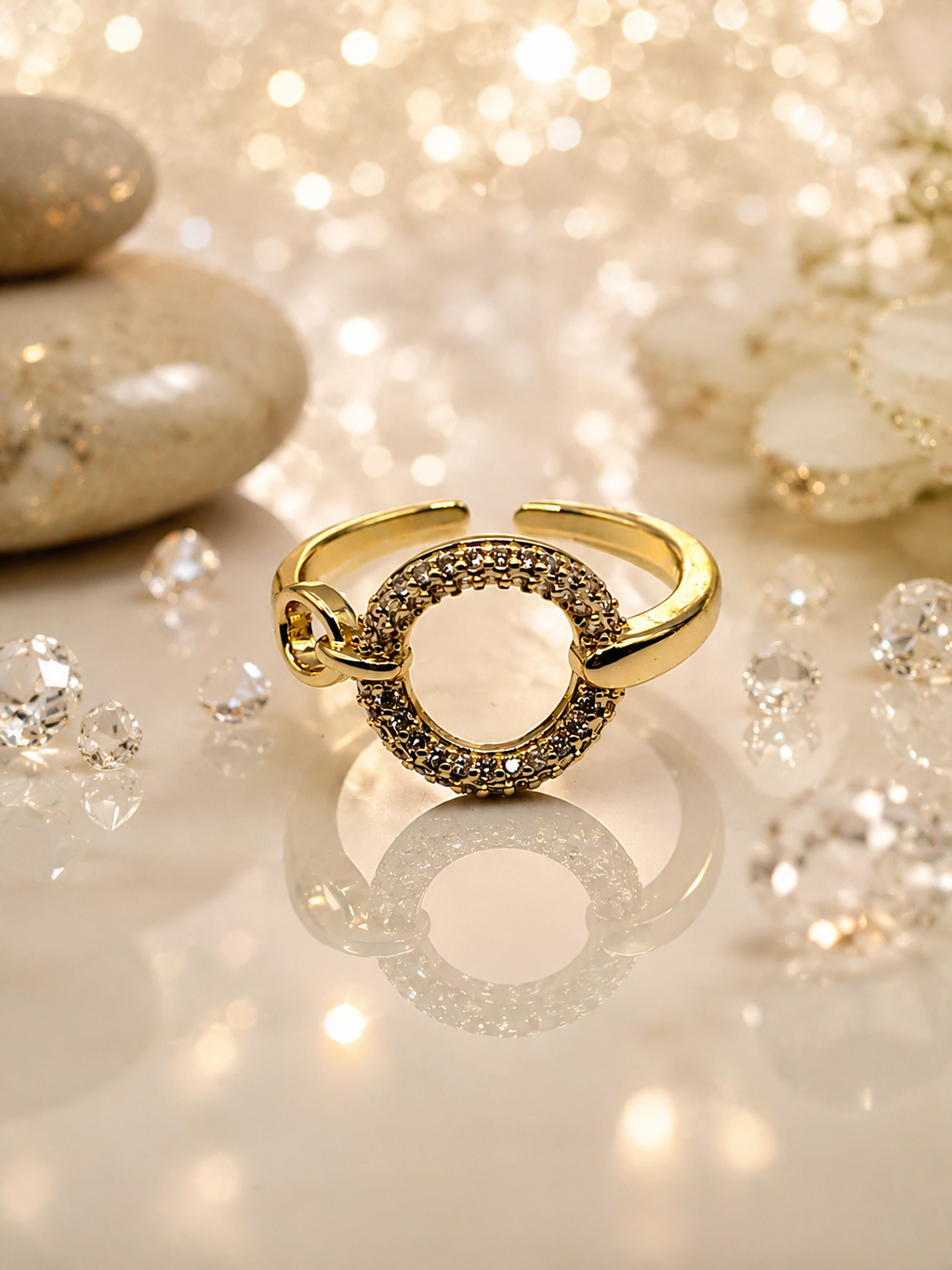 Bague ouverte acier inoxydable et zircon rond dorée